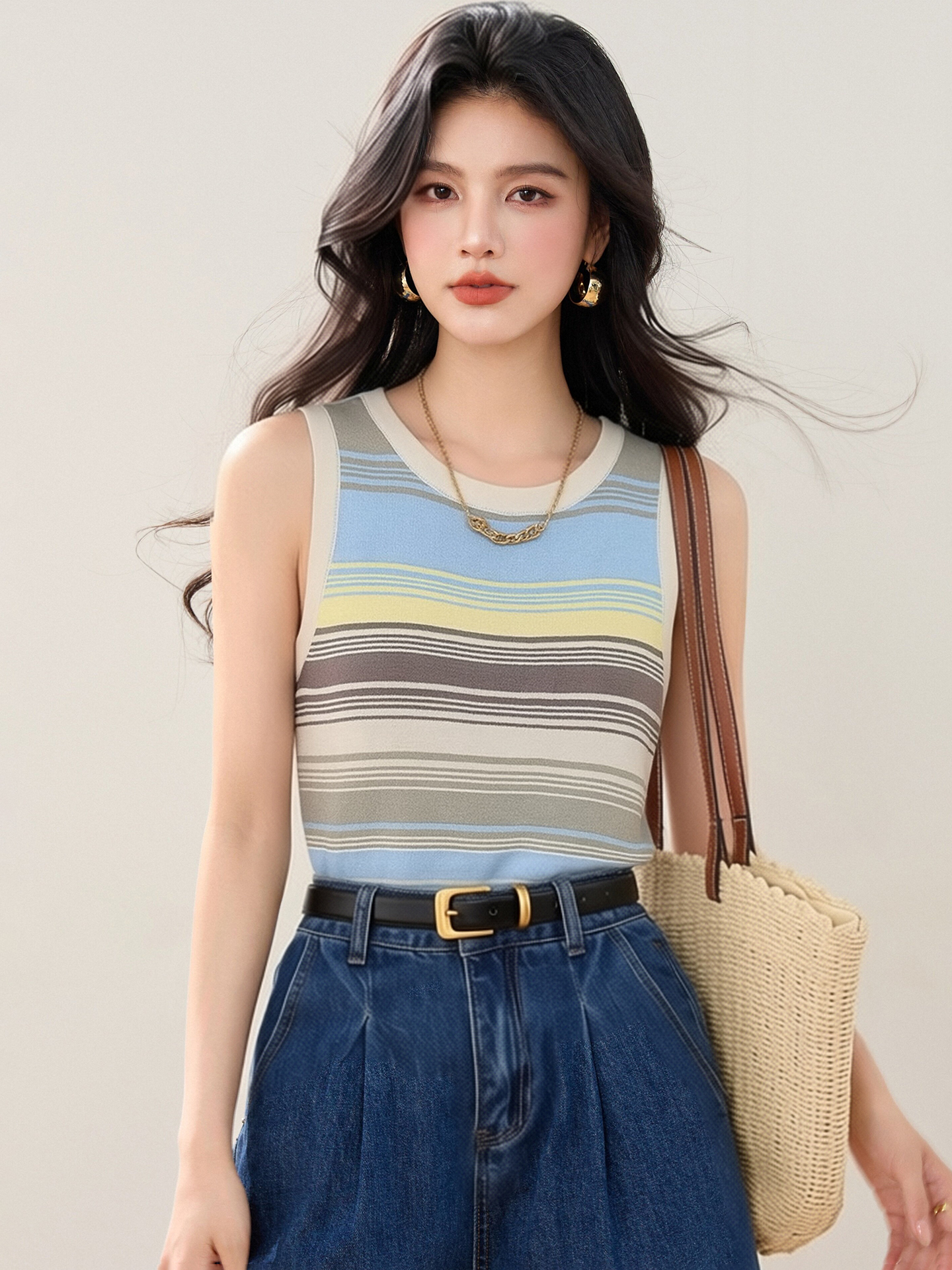 實拍◆有◆2026夏日多巴胺撞色條紋針織背心女修身甜辣無袖上衣