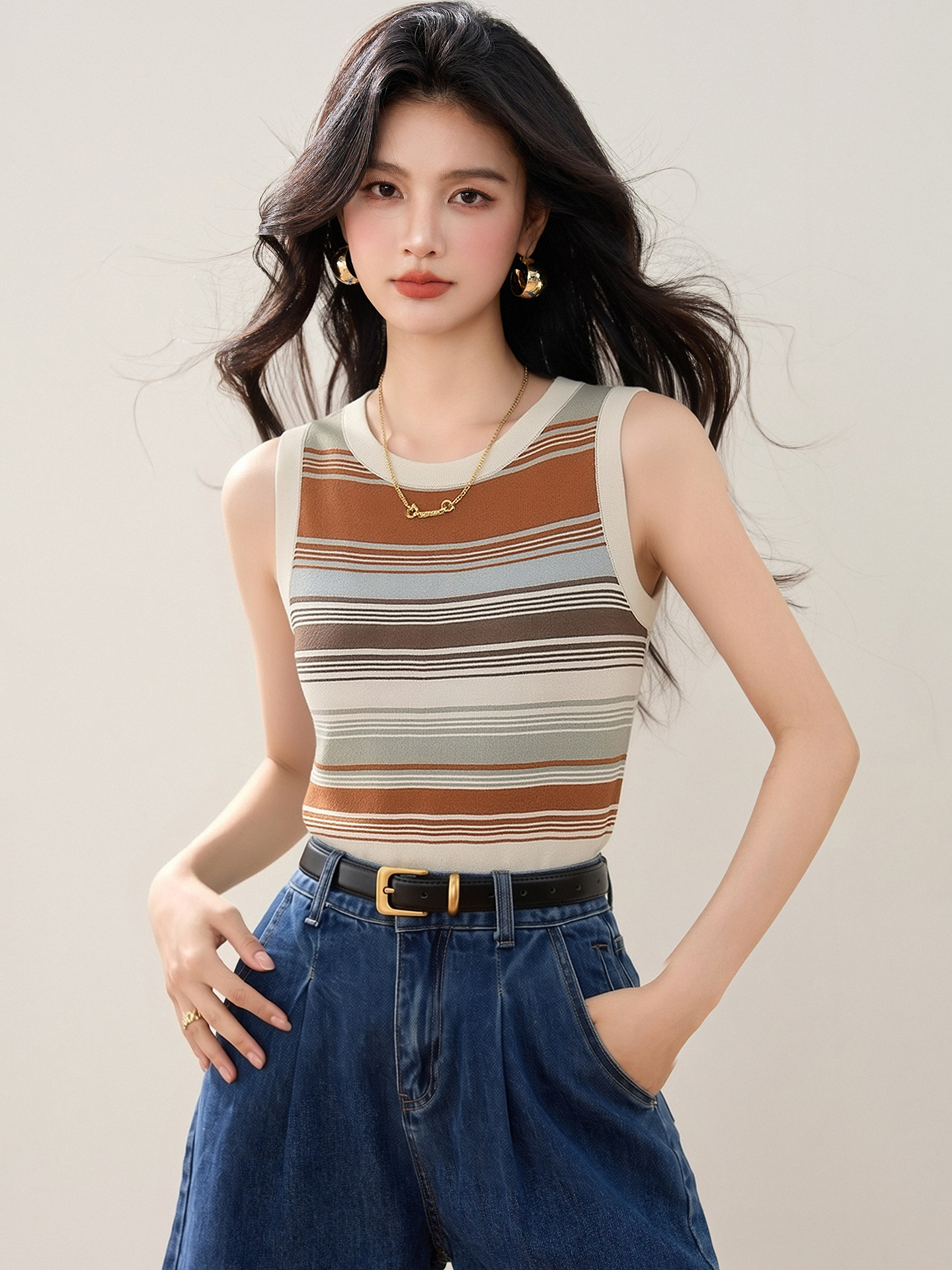 實拍◆有◆2026夏日多巴胺撞色條紋針織背心女修身甜辣無袖上衣