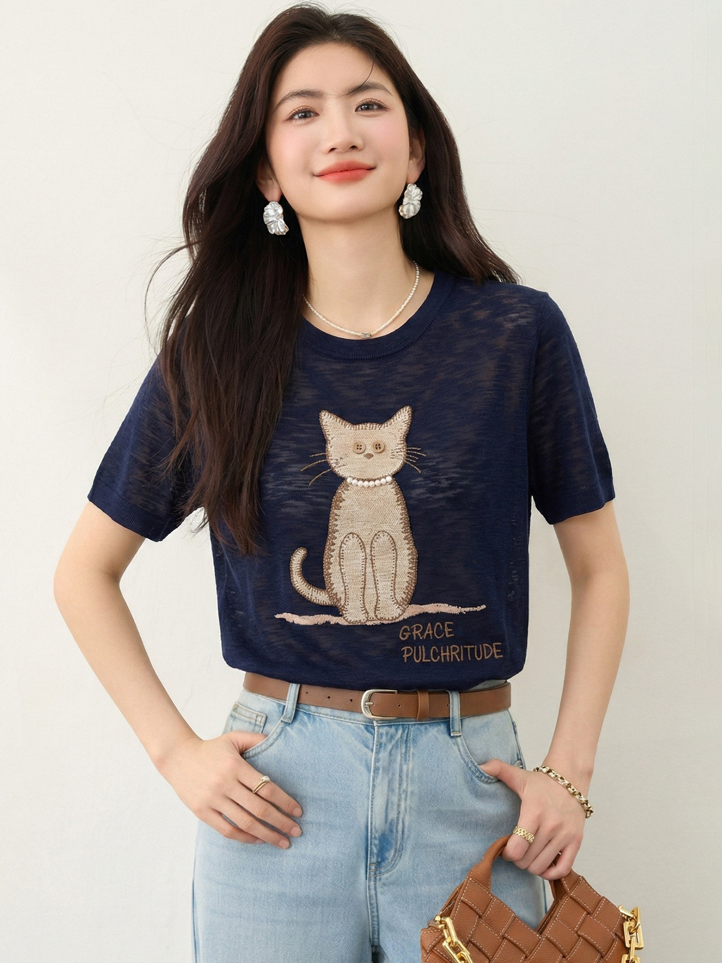 實拍◆有◆2026夏季卡通貓咪刺繡針織短袖T恤女夏薄款顯瘦上衣