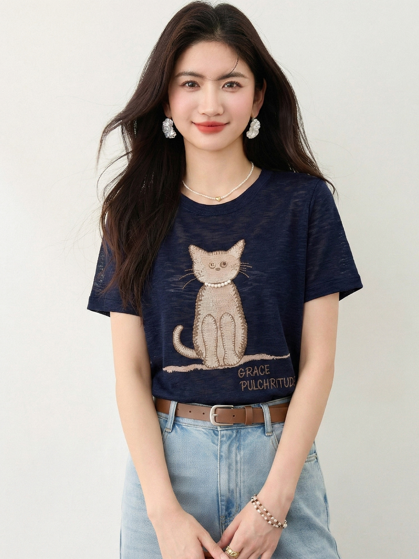 實拍◆有◆2026夏季卡通貓咪刺繡針織短袖T恤女夏薄款顯瘦上衣