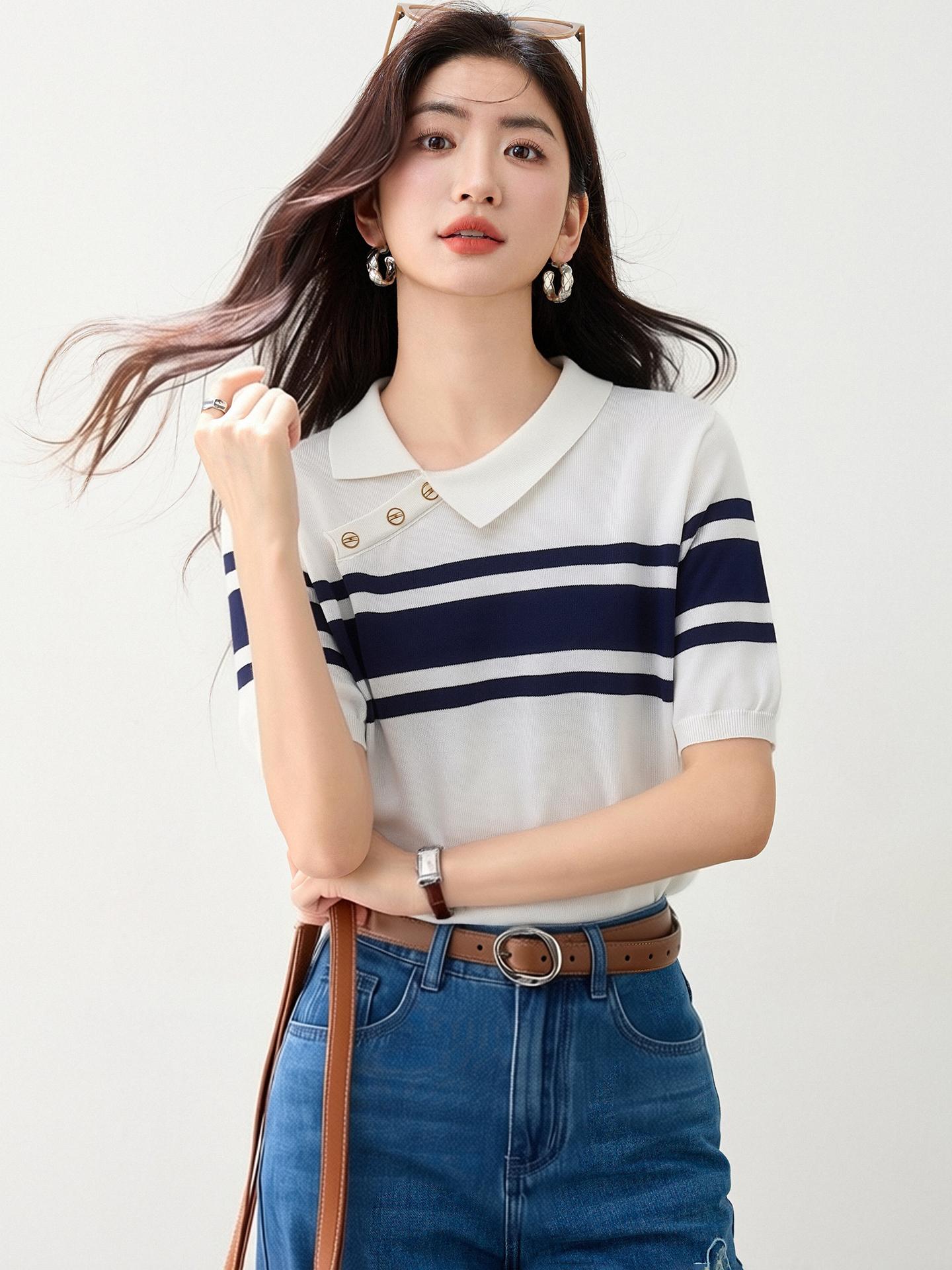 實拍◆有◆條紋針織polo衫T恤女夏季設計感短袖學院風紐扣上衣