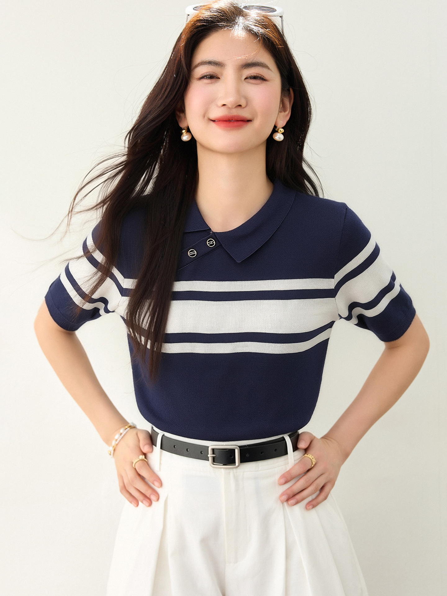 實拍◆有◆條紋針織polo衫T恤女夏季設計感短袖學院風紐扣上衣