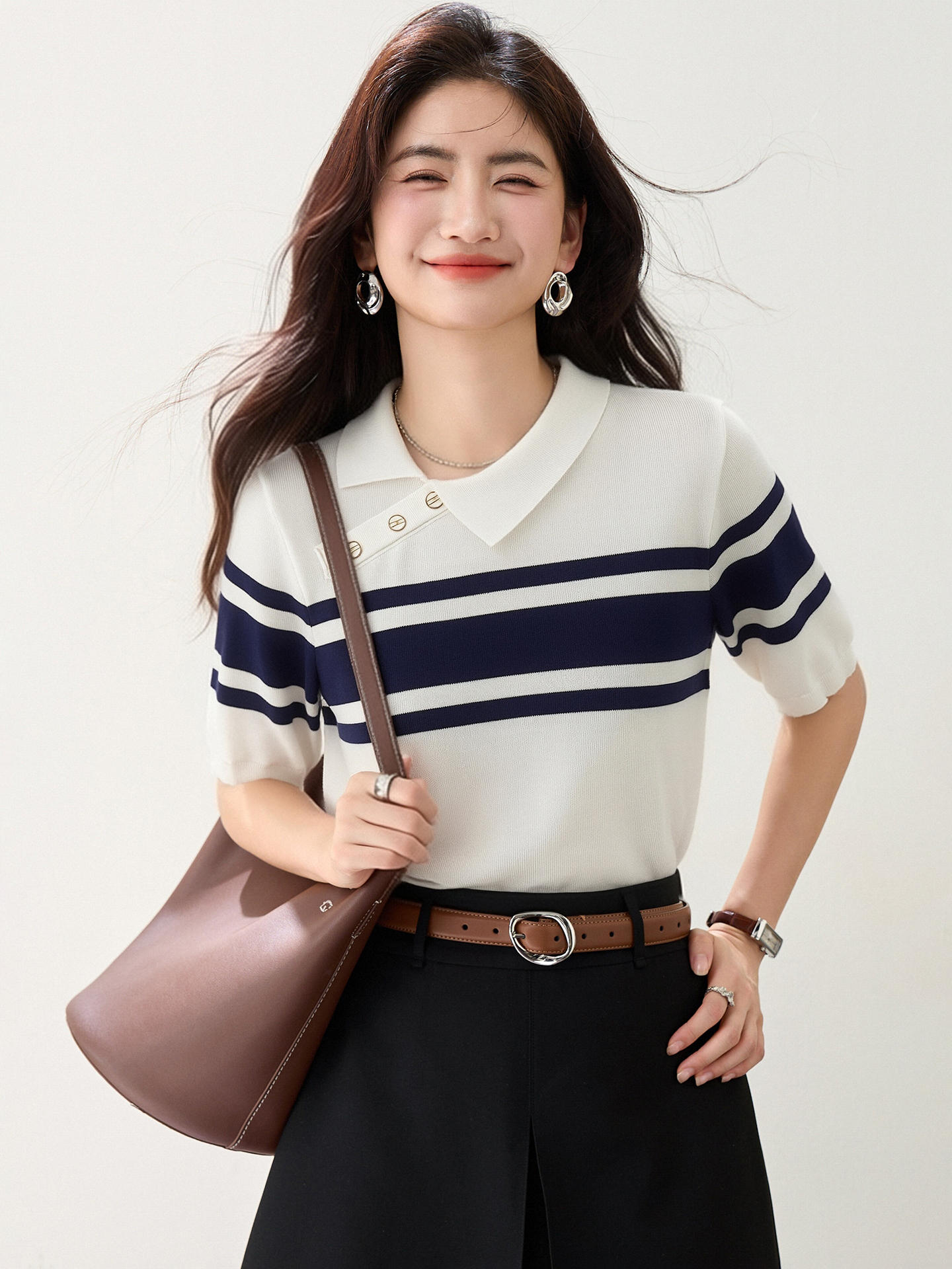 實拍◆有◆條紋針織polo衫T恤女夏季設計感短袖學院風紐扣上衣
