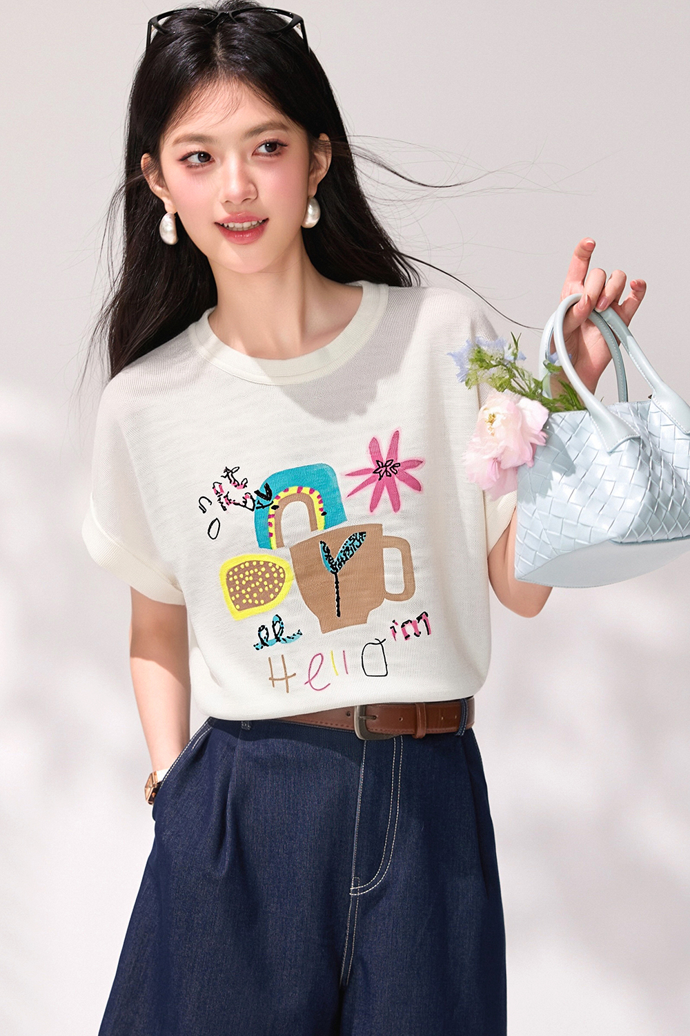 實拍◆有◆2026童趣涂鴉短袖女夏季圓領卡通印花上衣高級感針織