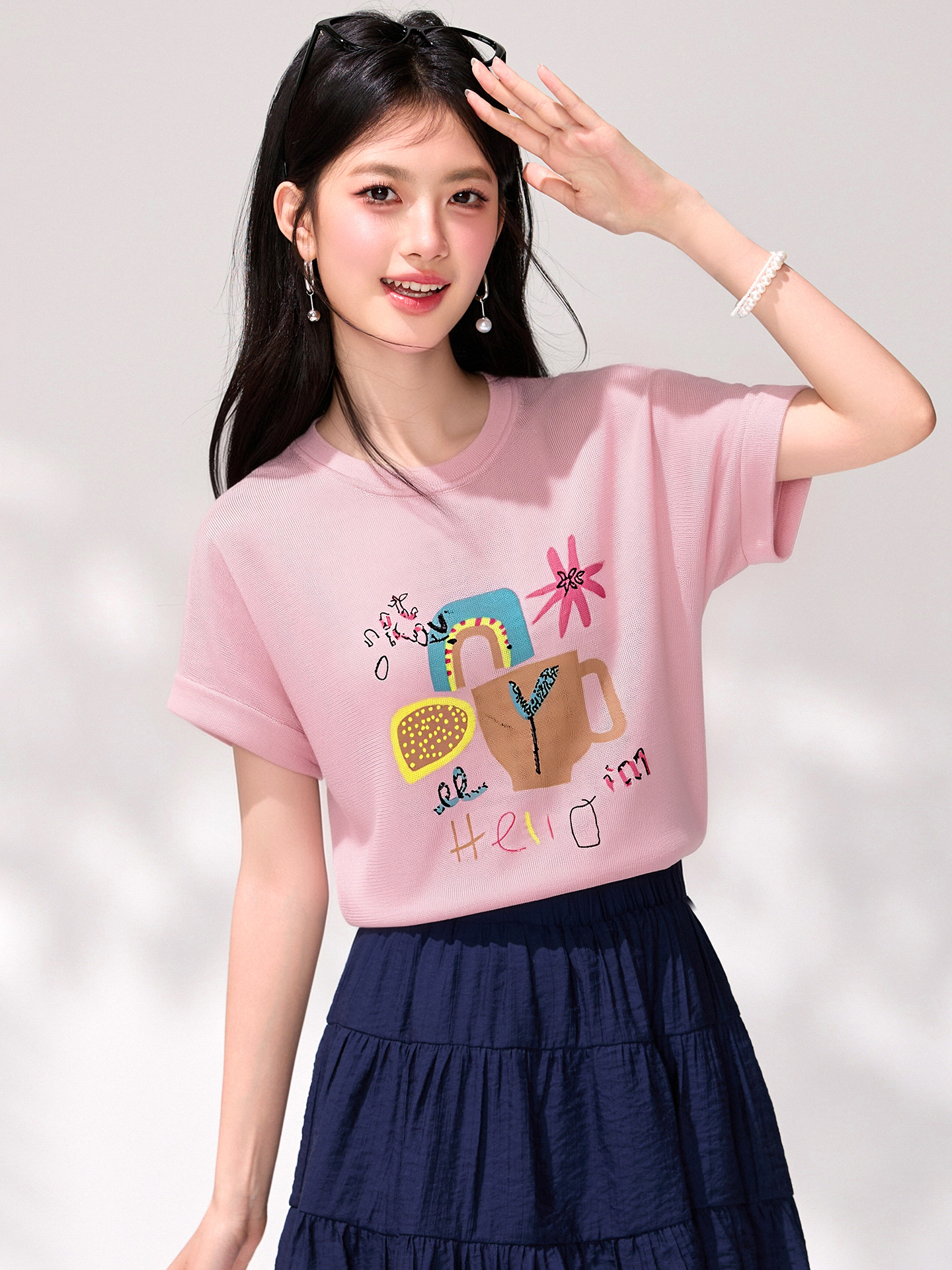 實拍◆有◆2026童趣涂鴉短袖女夏季圓領卡通印花上衣高級感針織