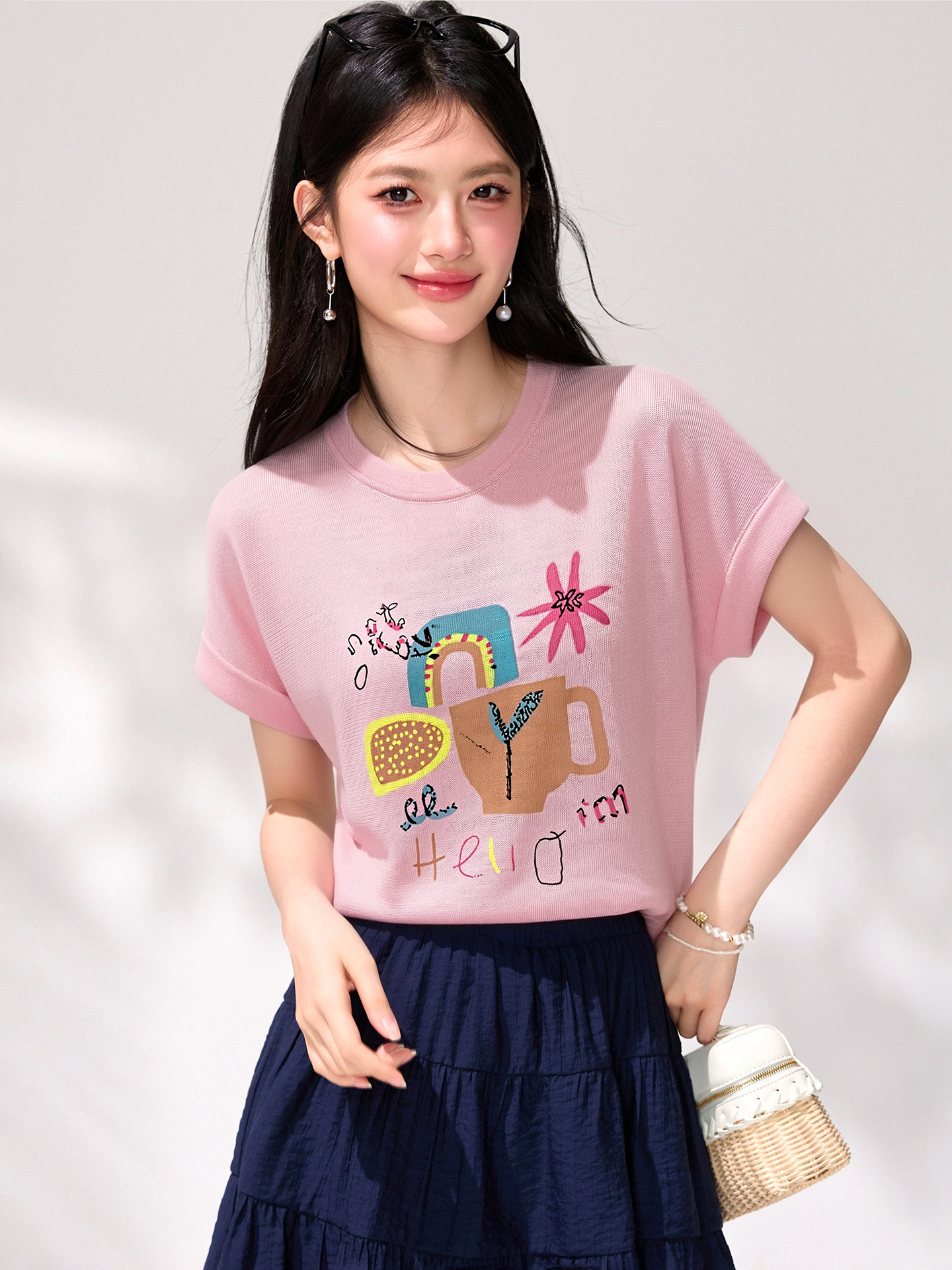 實拍◆有◆2026童趣涂鴉短袖女夏季圓領卡通印花上衣高級感針織
