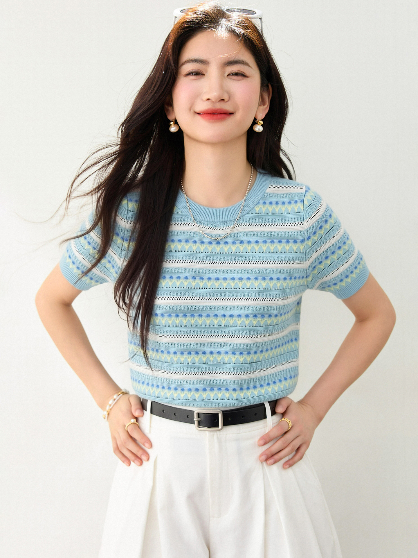 實拍◆有◆條紋提花圓領冰絲短袖t恤女2026夏鏤空薄款針織衫上衣