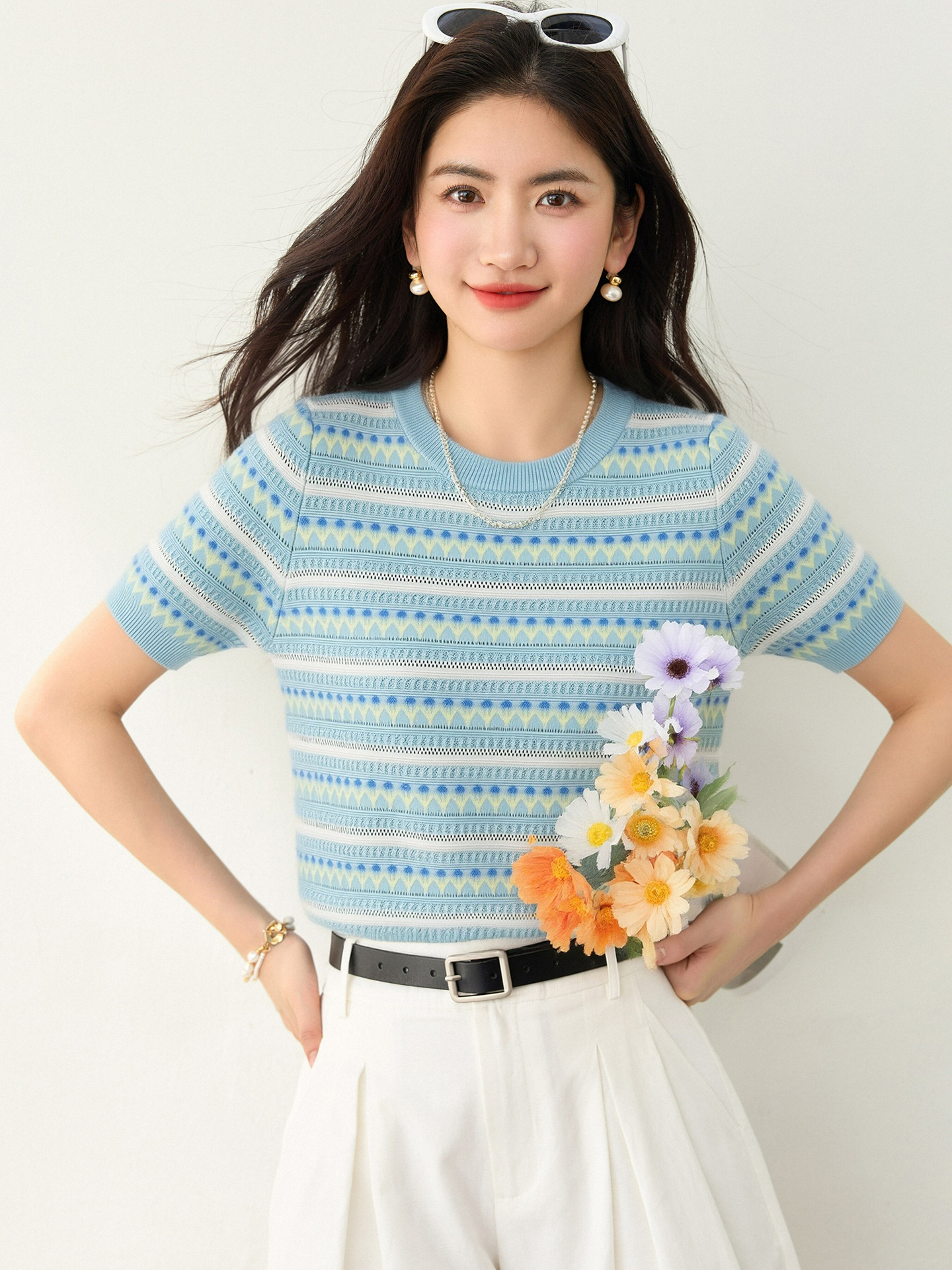 實拍◆有◆條紋提花圓領冰絲短袖t恤女2026夏鏤空薄款針織衫上衣