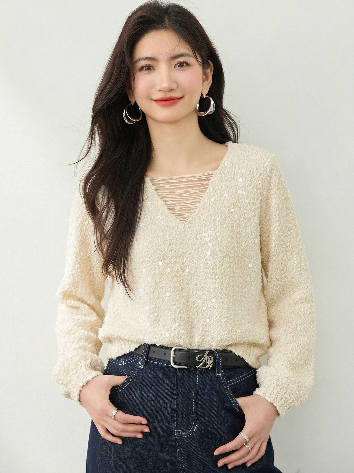 實拍◆有◆V領亮片長袖針織衫新款時尚洋氣短款打底針織毛衫上衣