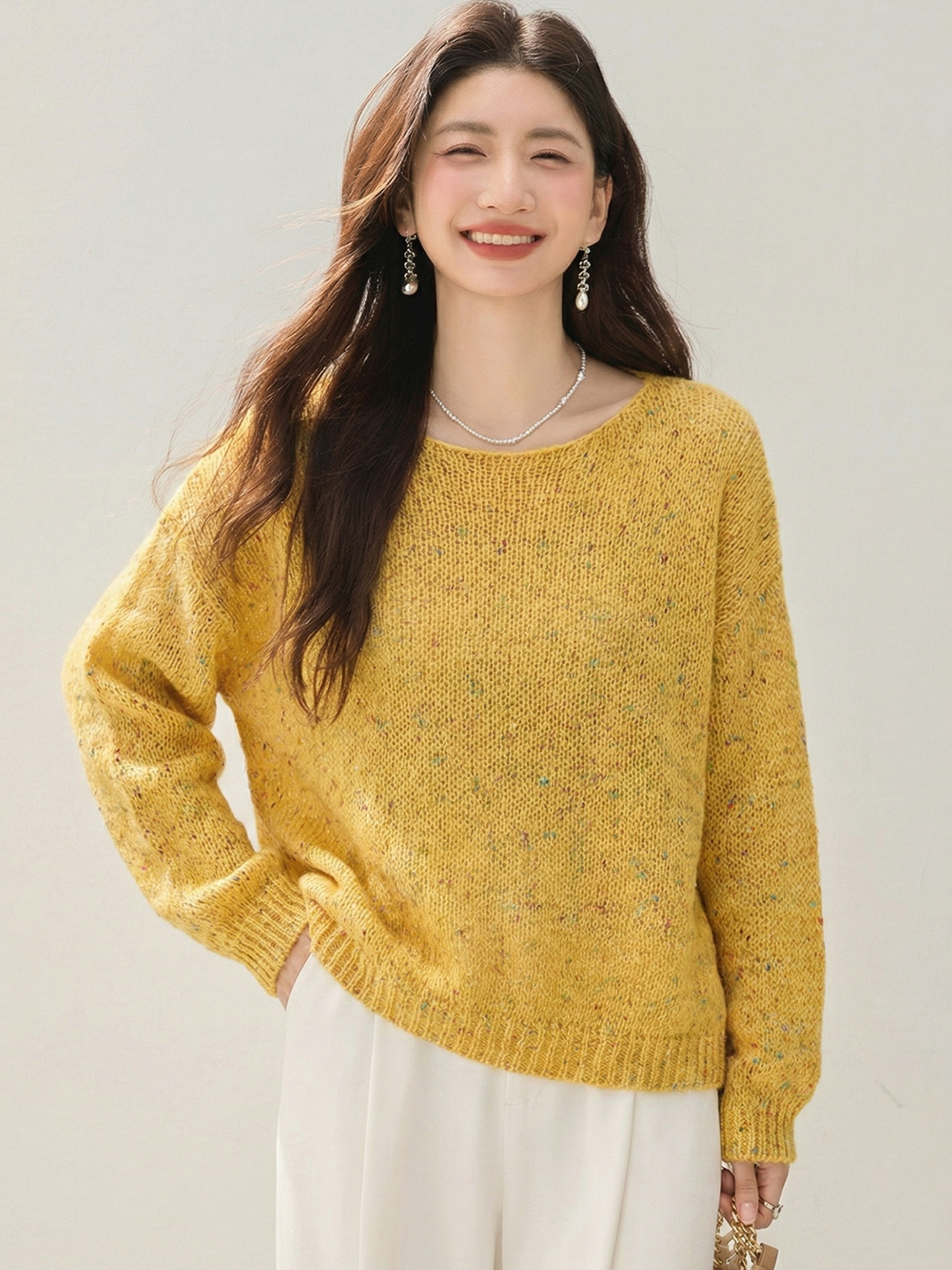 實拍◆有◆黃色V領針織衫女新款復古慵懶風寬松軟糯套頭毛衣上衣