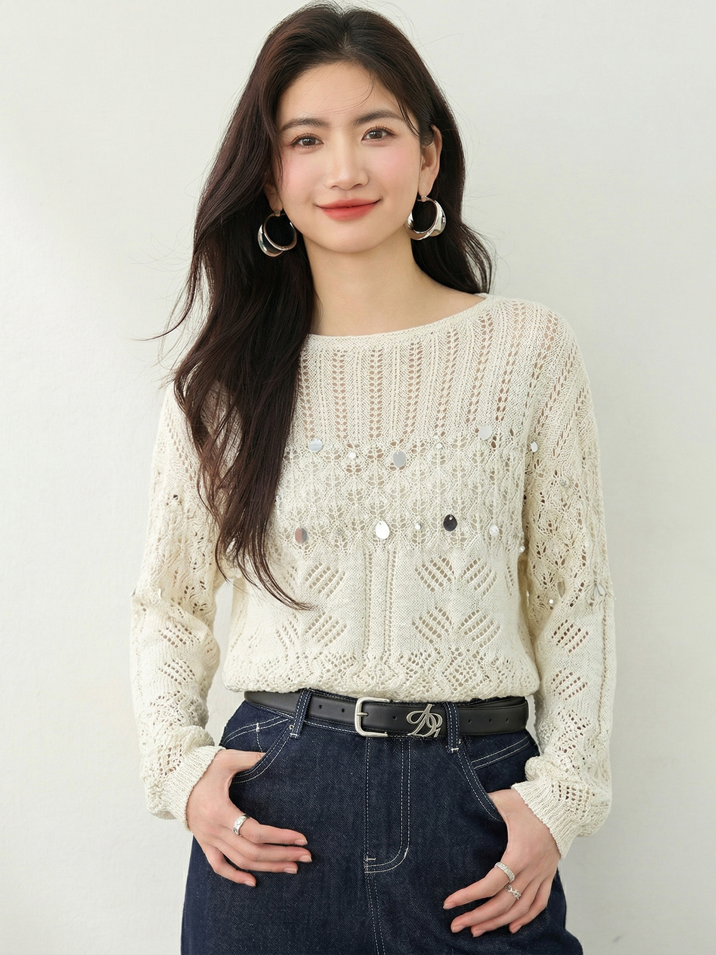 實拍◆有◆重工亮片水鉆針織衫套頭圓領新款上衣防曬衣空調衫女