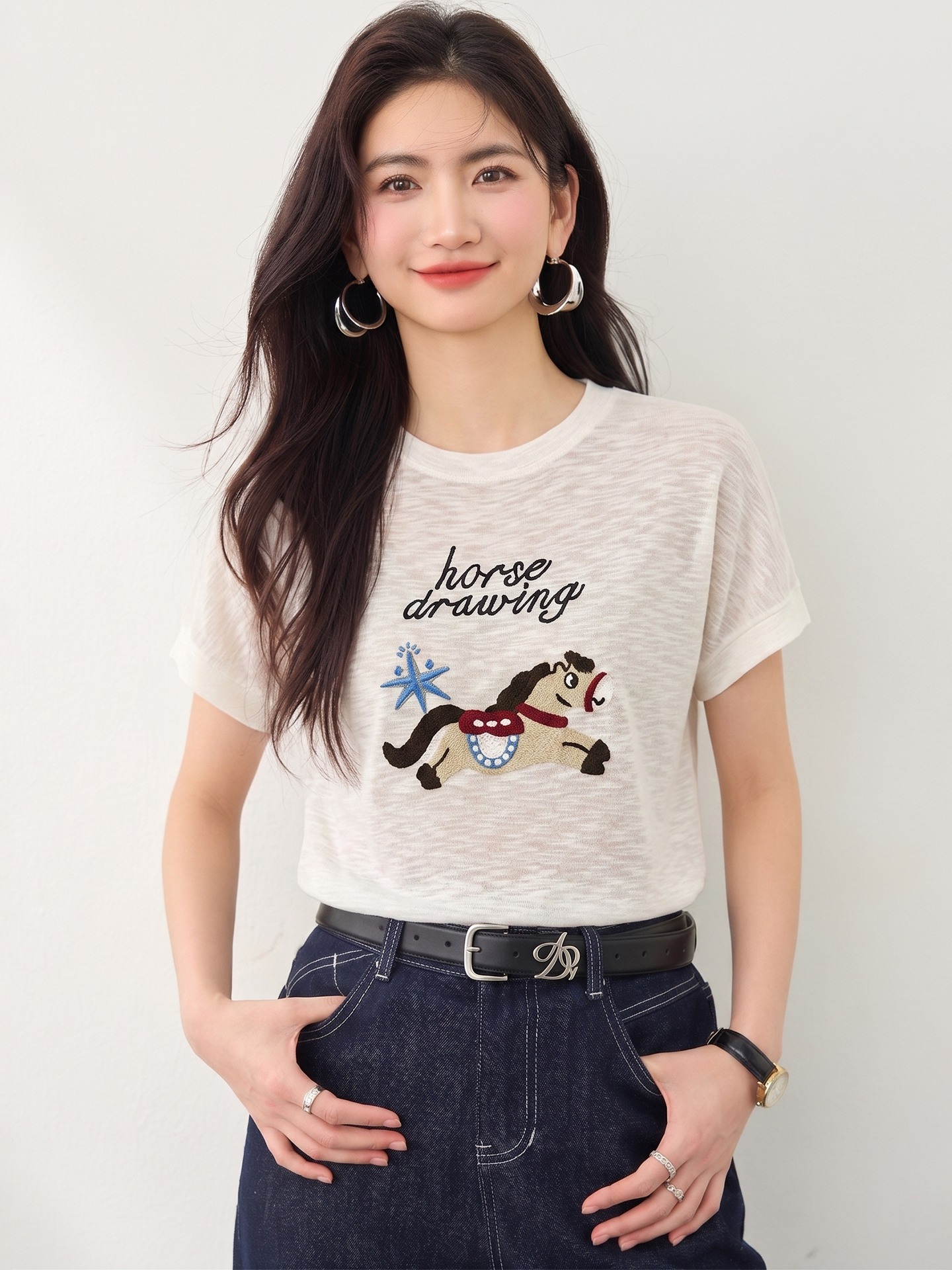 實拍◆有◆2026夏季新款韓系寬松顯瘦圓領卡通刺繡短袖女百搭上衣