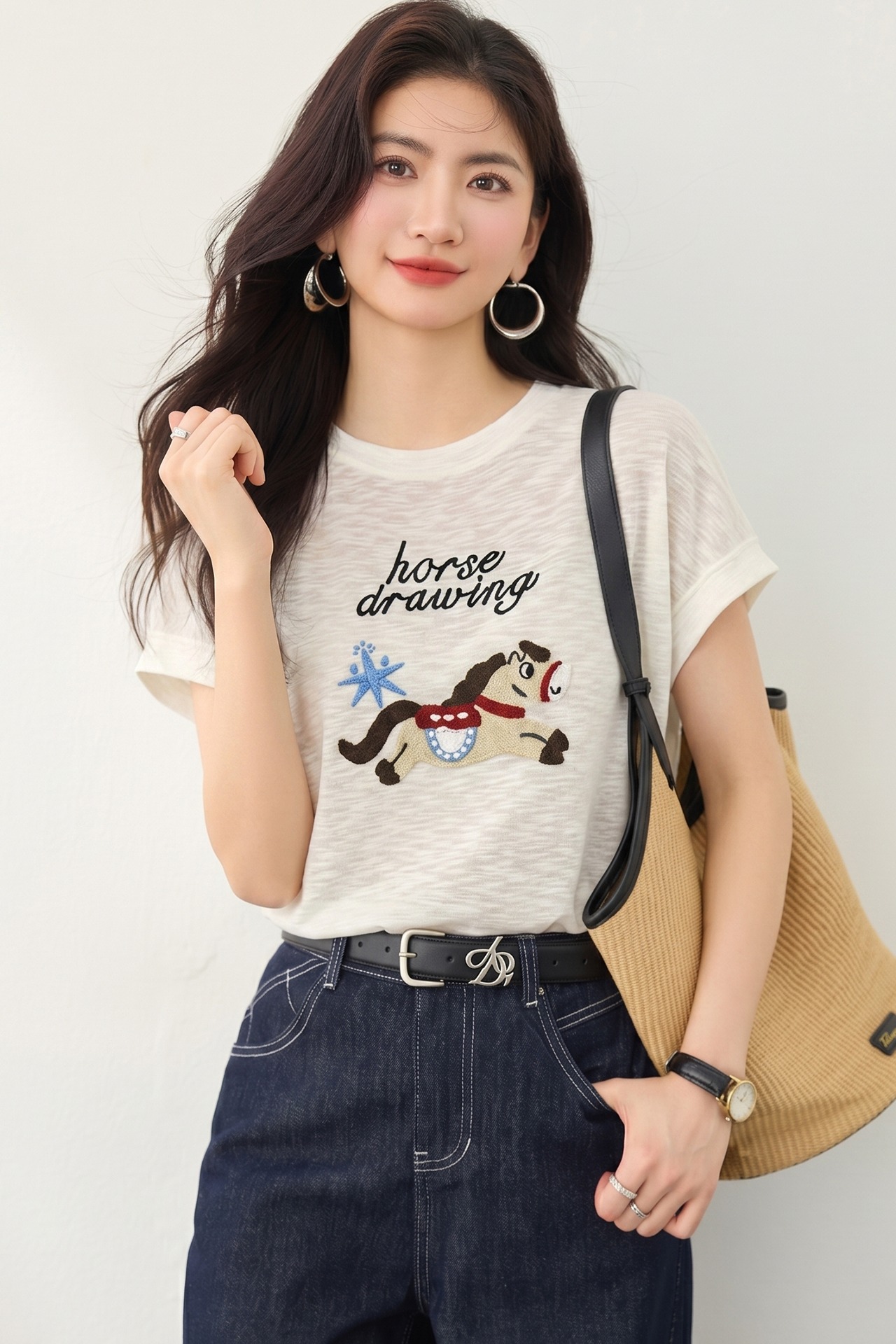 實拍◆有◆2026夏季新款韓系寬松顯瘦圓領卡通刺繡短袖女百搭上衣