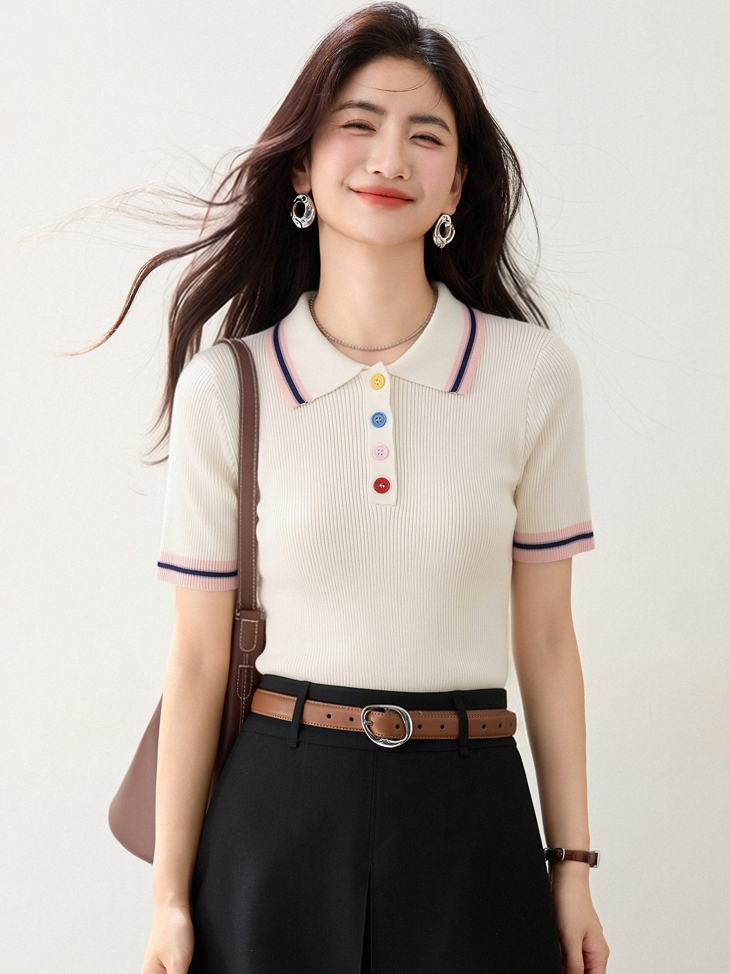 實拍◆有◆學院風翻領撞色彩扣短袖針織衫女夏季新款設計感上衣