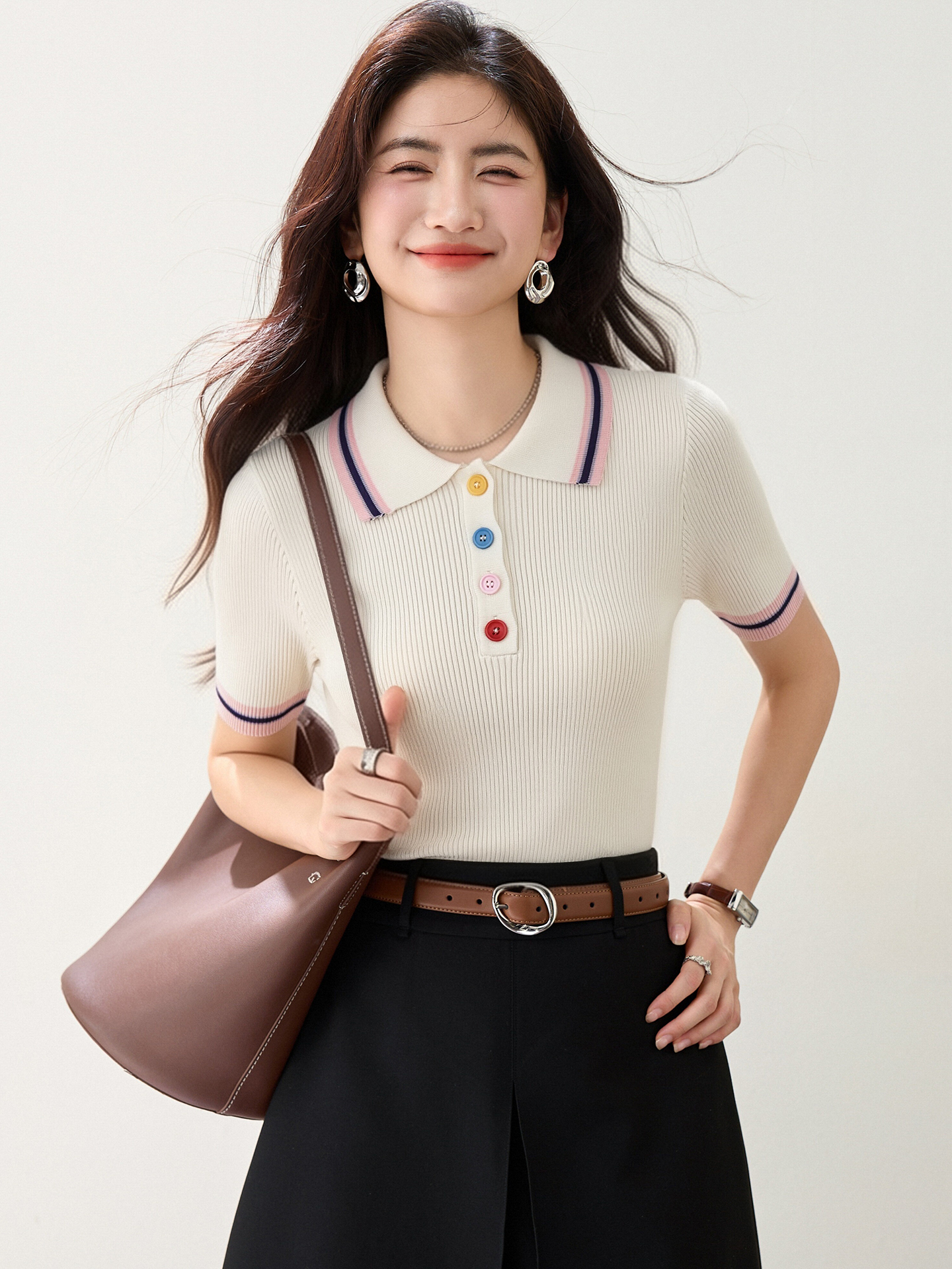 實拍◆有◆學院風翻領撞色彩扣短袖針織衫女夏季新款設計感上衣