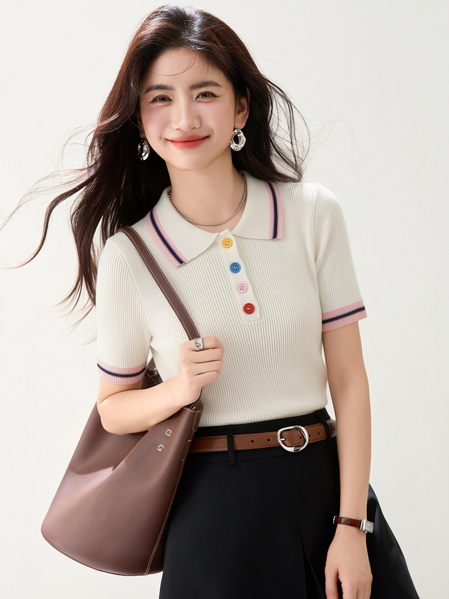 實拍◆有◆學院風翻領撞色彩扣短袖針織衫女夏季新款設計感上衣
