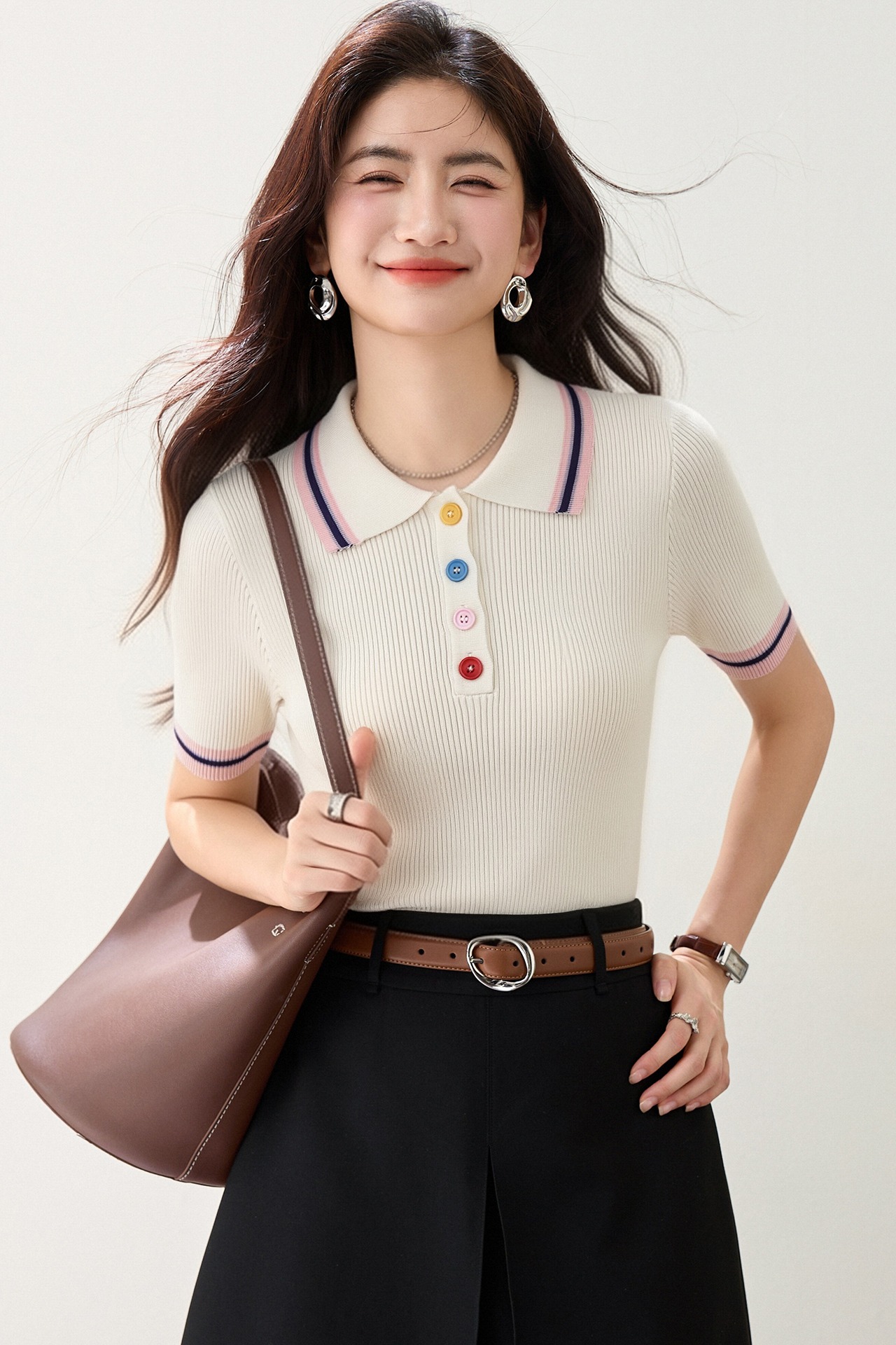 實拍◆有◆學院風翻領撞色彩扣短袖針織衫女夏季新款設計感上衣