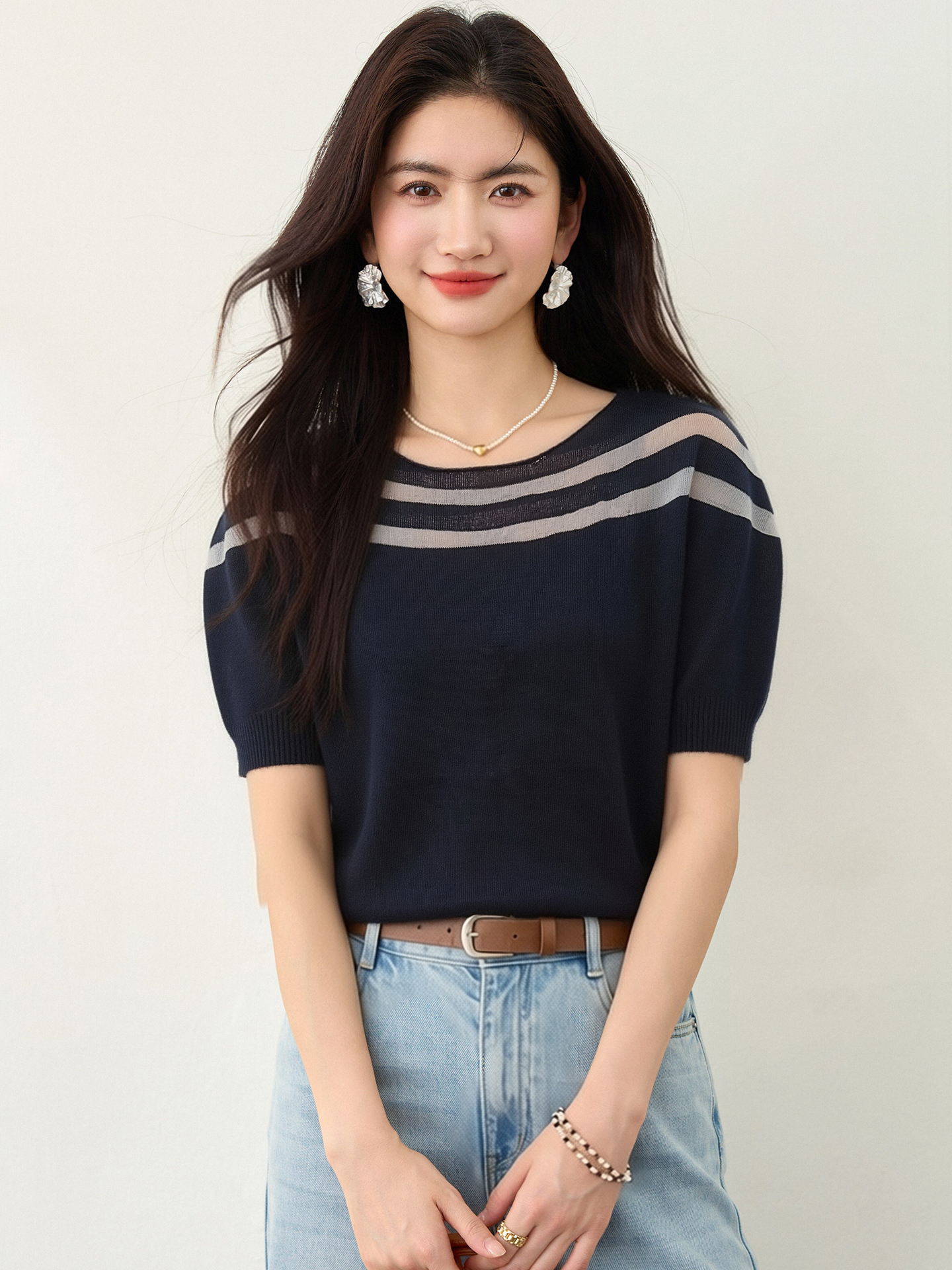 實拍◆有◆高級感時尚設計感冰絲短袖針織衫女新款獨特薄款上衣