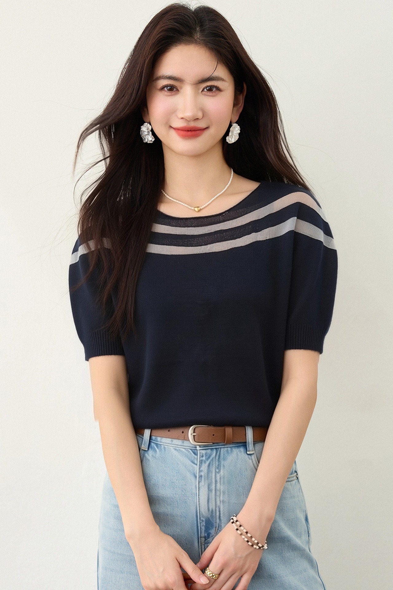 實拍◆有◆高級感時尚設計感冰絲短袖針織衫女新款獨特薄款上衣