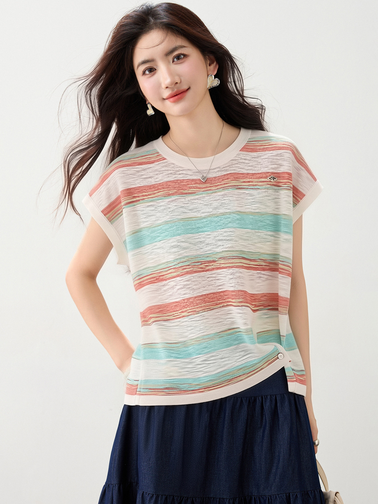 實拍◆有◆條紋撞色圓領短袖T恤女2026夏季寬松顯瘦休閑上衣