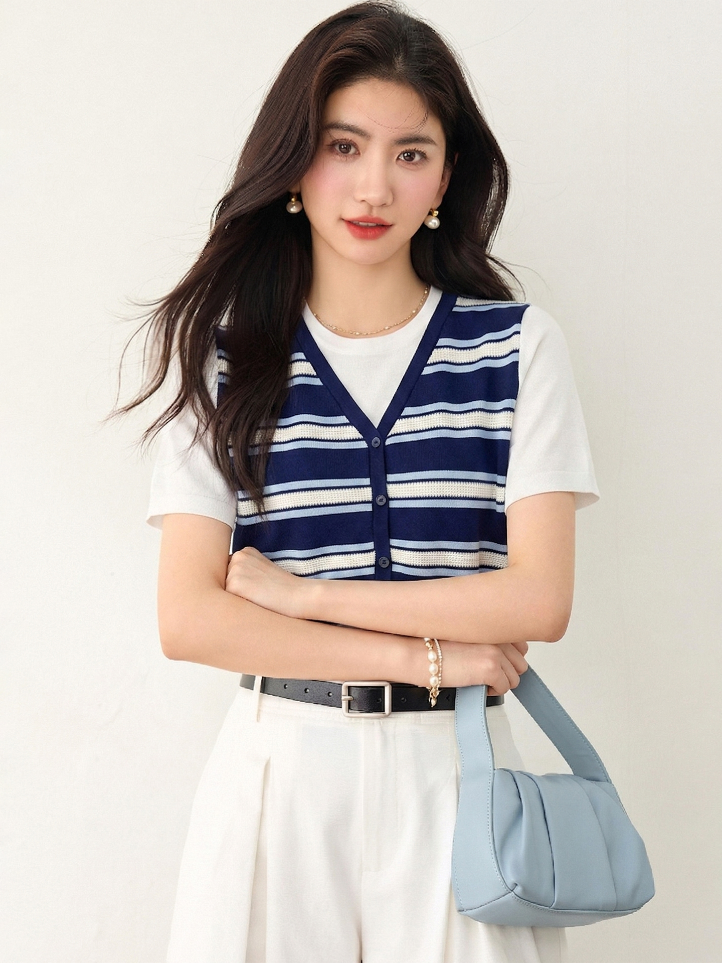 實拍◆有◆學院風撞色條紋假兩件V短袖夏季新款女百搭顯瘦上衣