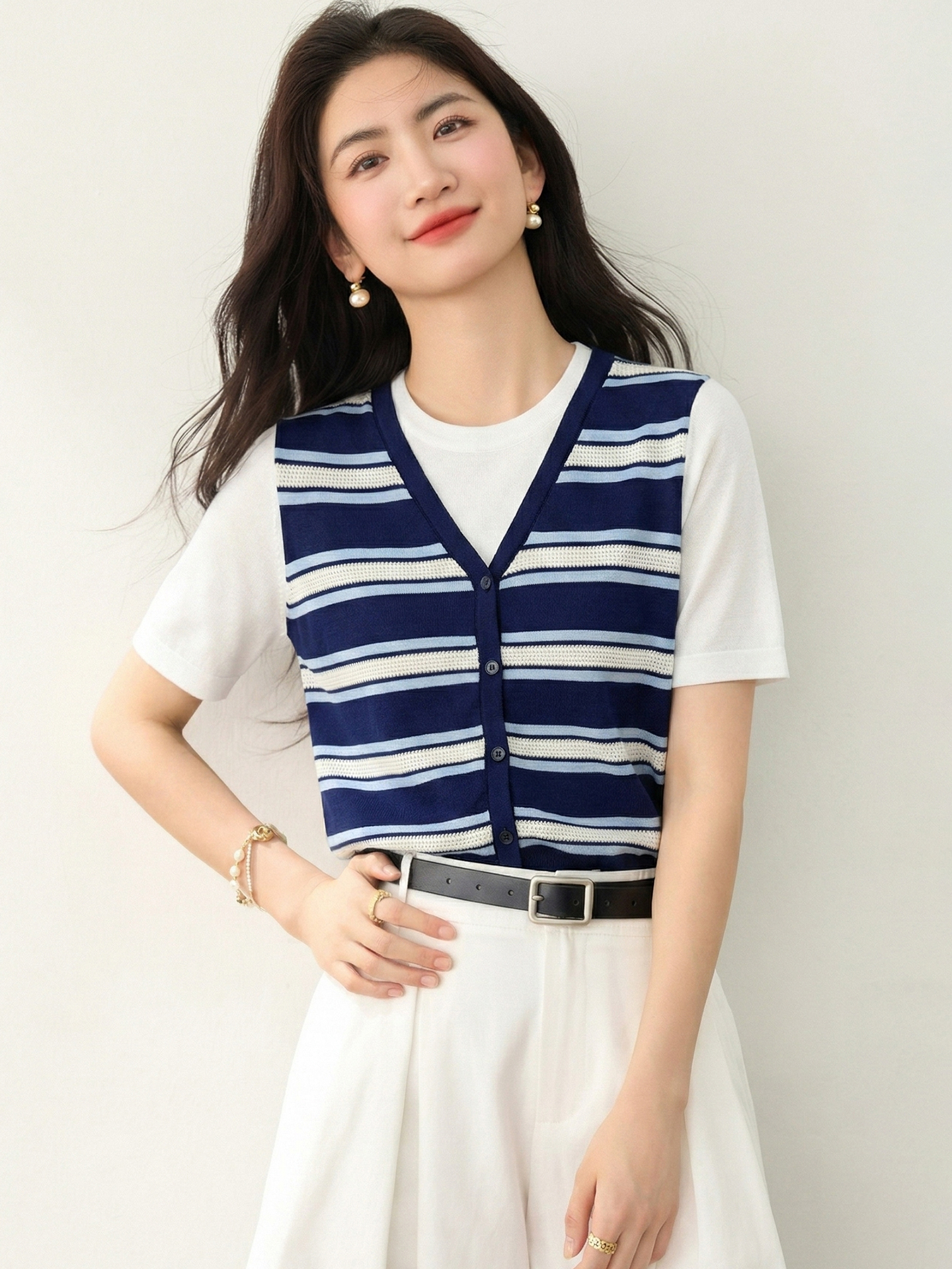 實拍◆有◆學院風撞色條紋假兩件V短袖夏季新款女百搭顯瘦上衣