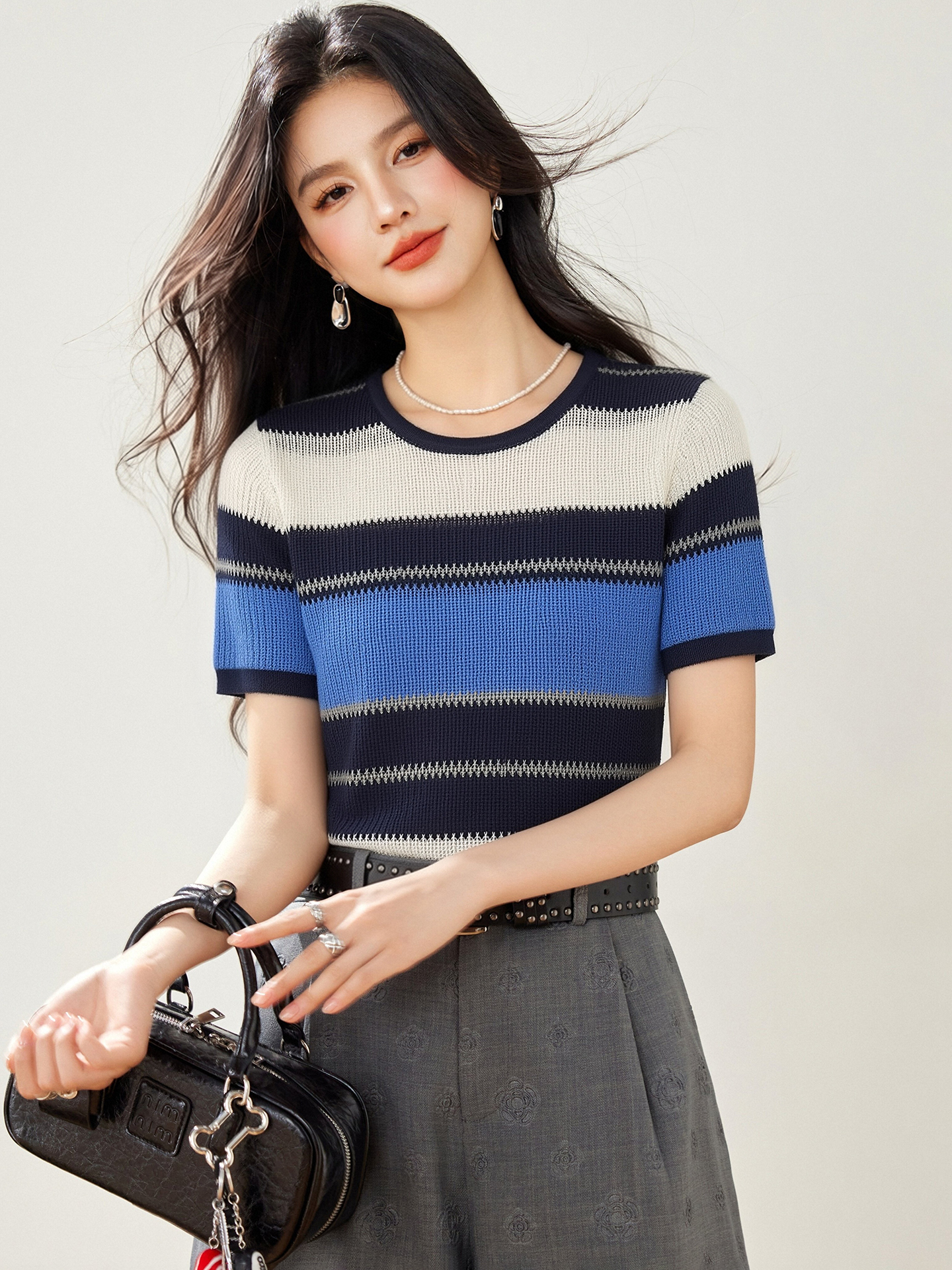 實拍◆有◆鏤空短袖條紋針織衫女新款夏季寬松顯瘦薄款撞色上衣