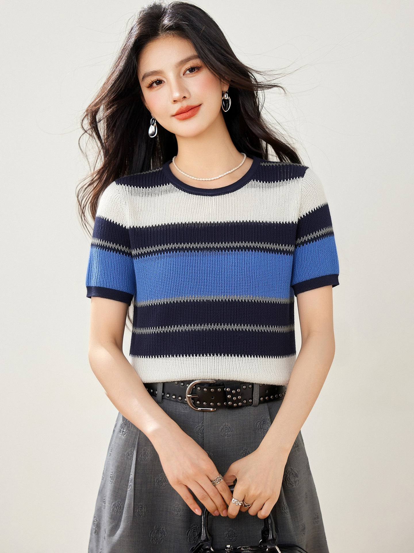 實拍◆有◆鏤空短袖條紋針織衫女新款夏季寬松顯瘦薄款撞色上衣