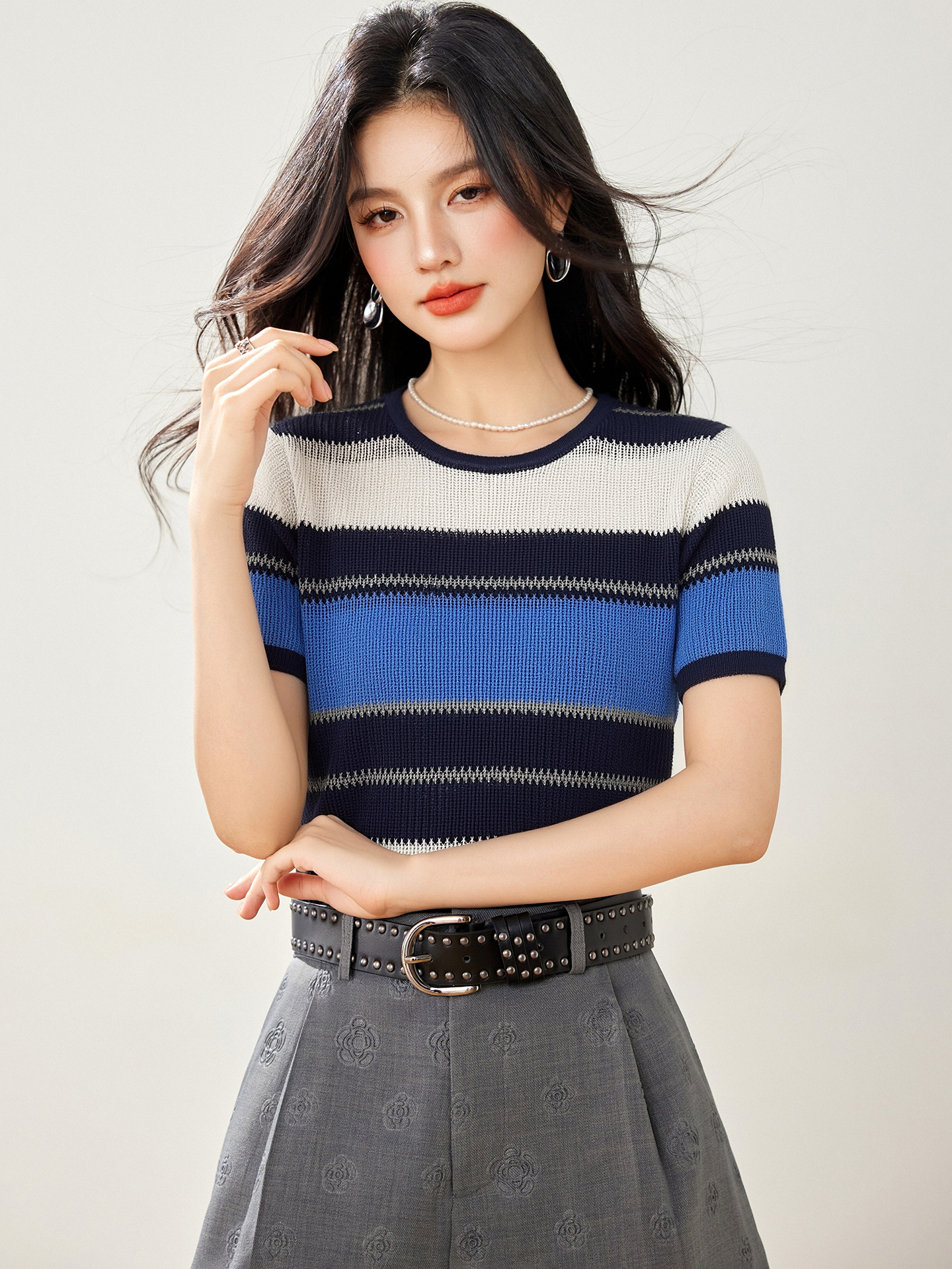 實拍◆有◆鏤空短袖條紋針織衫女新款夏季寬松顯瘦薄款撞色上衣