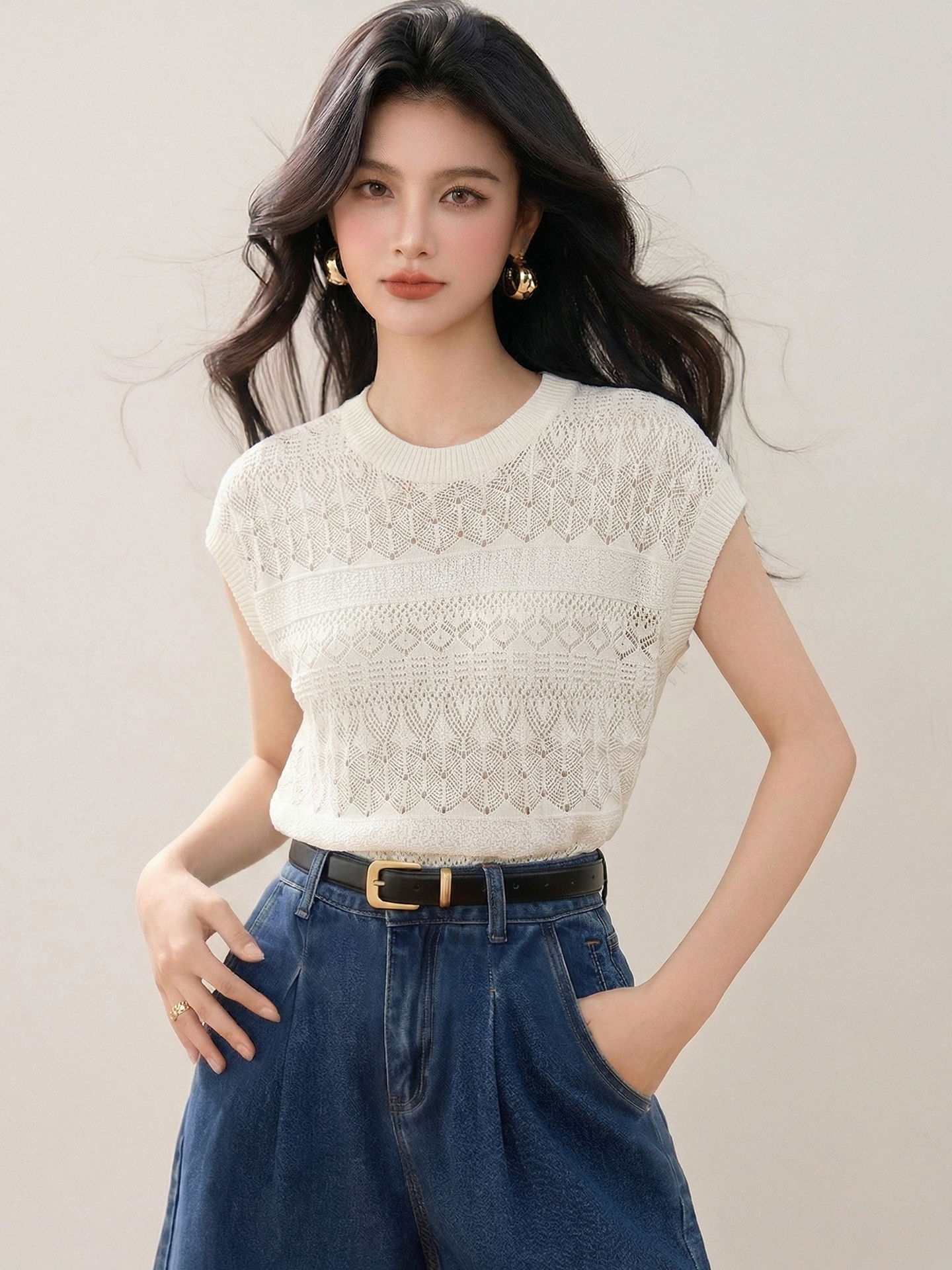 實拍◆有◆慵懶休閑鏤空圓領針織衫女夏季新款寬松減齡純色上衣
