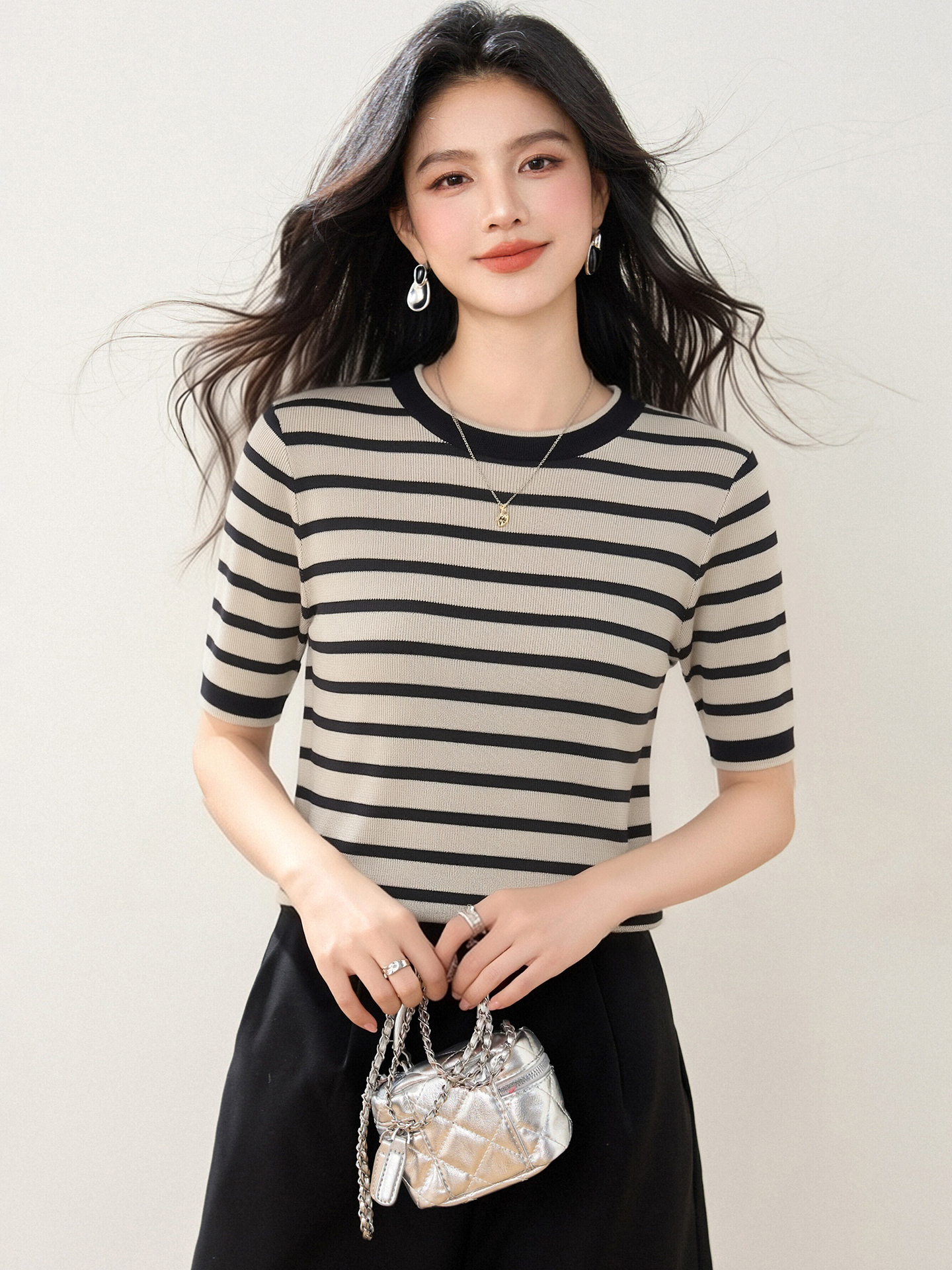 實拍◆有◆簡約休閑顯瘦圓領套頭短袖通勤日常舒適條紋針織衫女