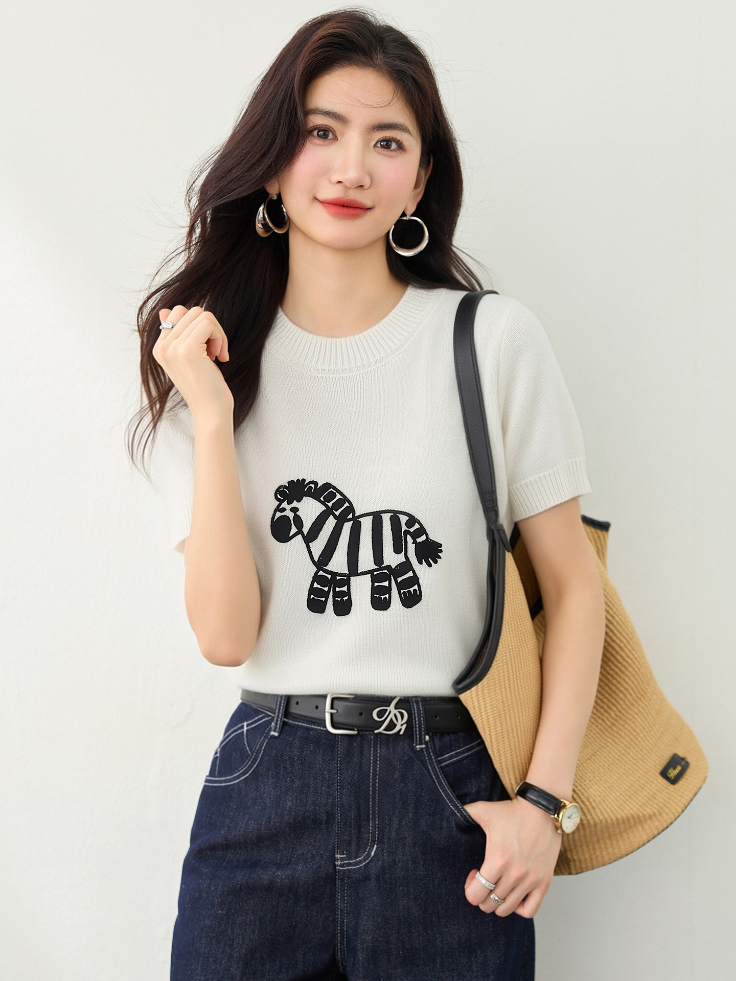 實拍◆有◆復古小馬印花正肩針織女夏顯瘦小眾設計感百搭短款上衣