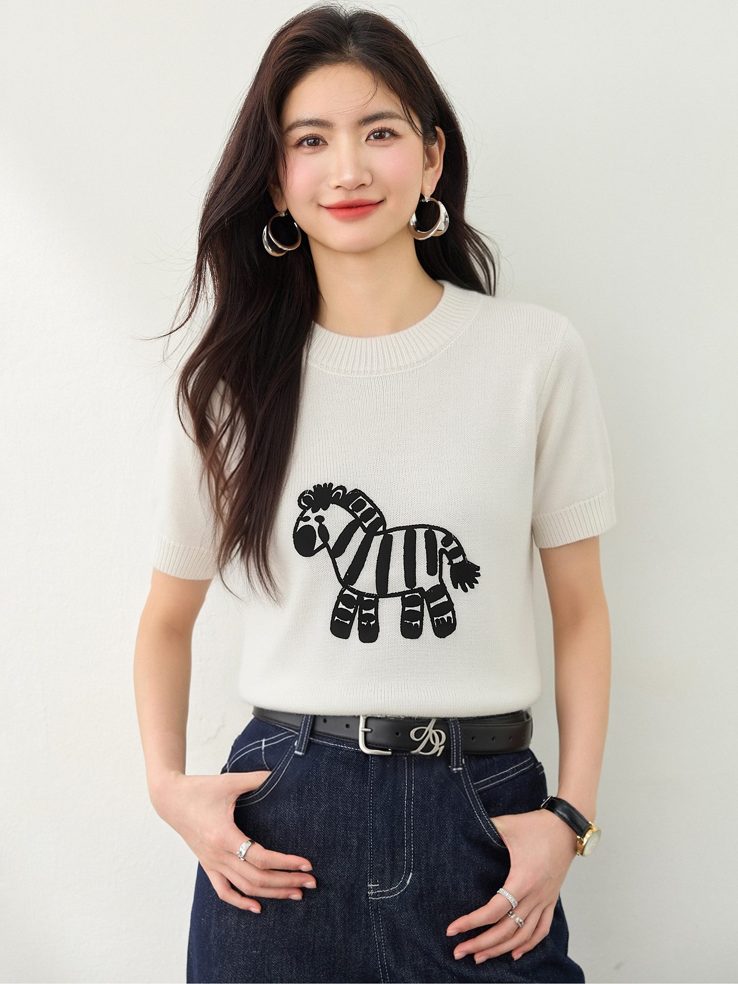 實拍◆有◆復古小馬印花正肩針織女夏顯瘦小眾設計感百搭短款上衣