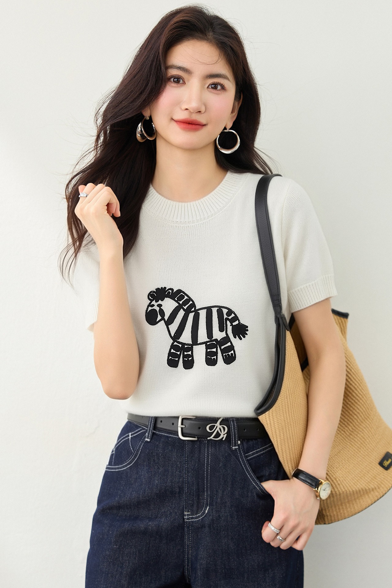 實拍◆有◆復古小馬印花正肩針織女夏顯瘦小眾設計感百搭短款上衣