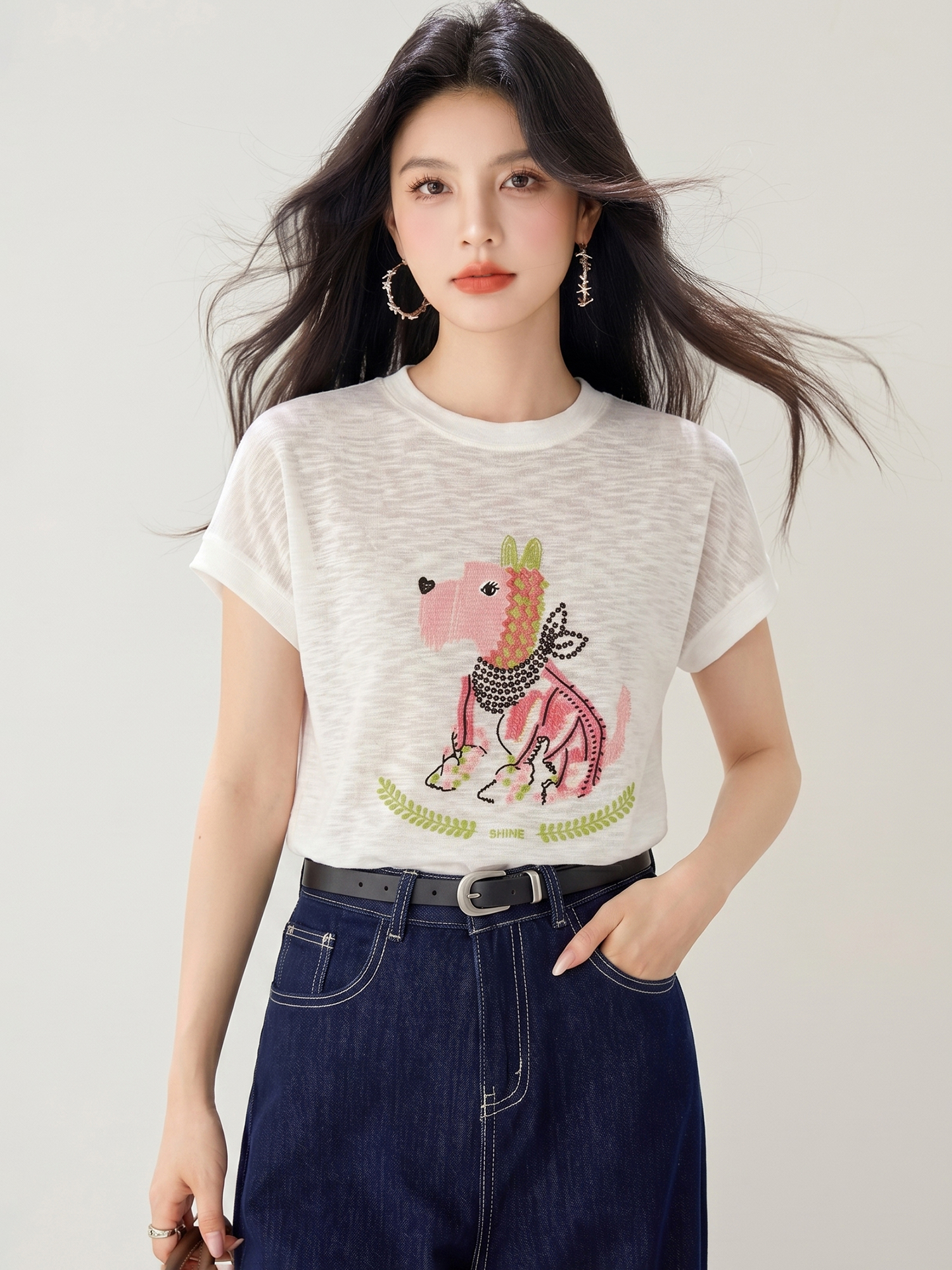 實拍◆有◆可愛卡通小狗印花短袖針織衫女夏季慵懶風顯瘦薄款上衣