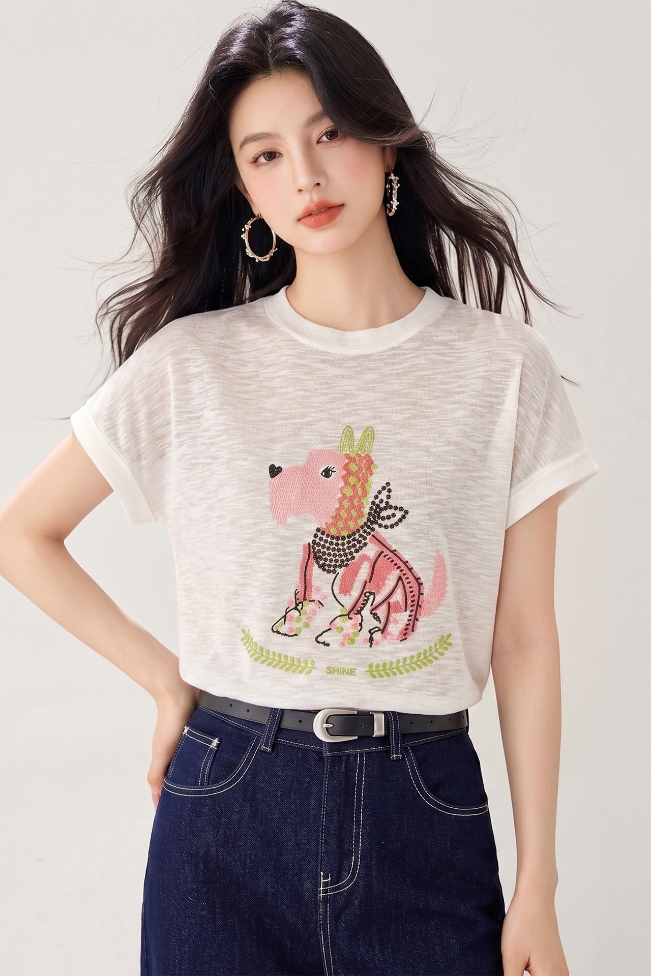 實拍◆有◆可愛卡通小狗印花短袖針織衫女夏季慵懶風顯瘦薄款上衣