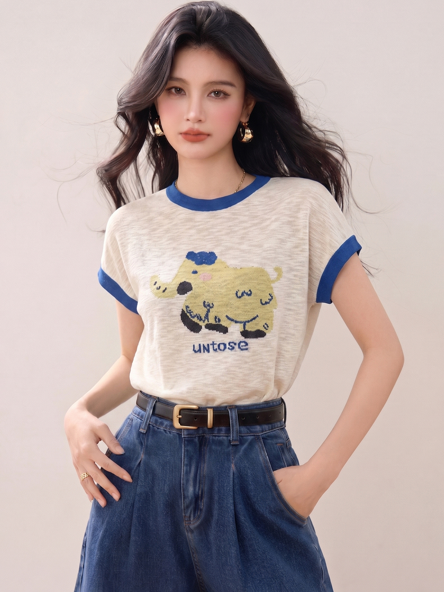 實拍◆有◆2026卡通可愛風撞色領針織女短袖寬松顯瘦薄款休閑上衣