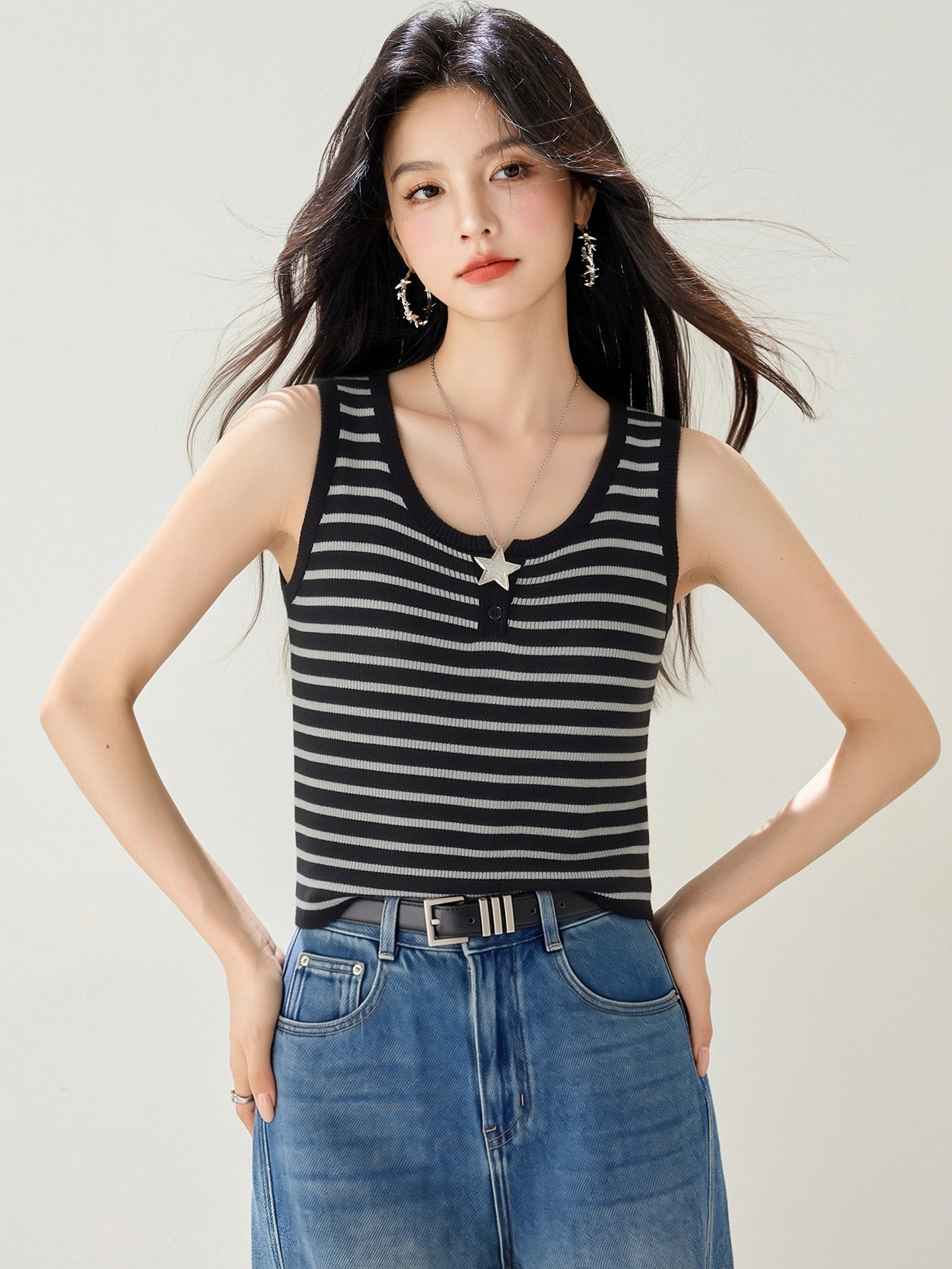 實拍◆有◆2026夏季小v領紐扣軟糯工字簡約吊帶背心百搭上衣女
