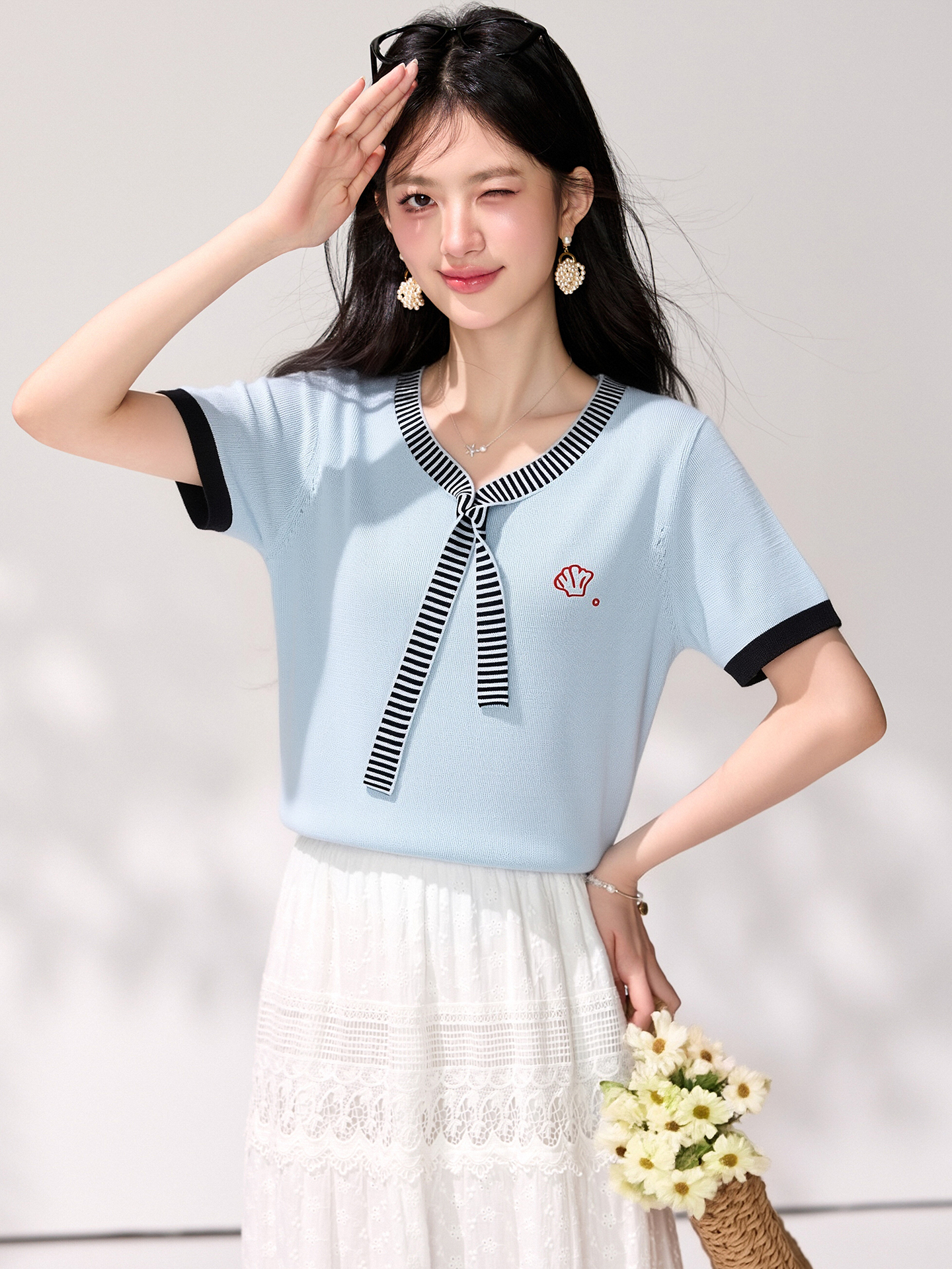 有◆2026法式拼色綁帶圓領短袖t恤女夏季設計感刺繡減齡半袖上衣