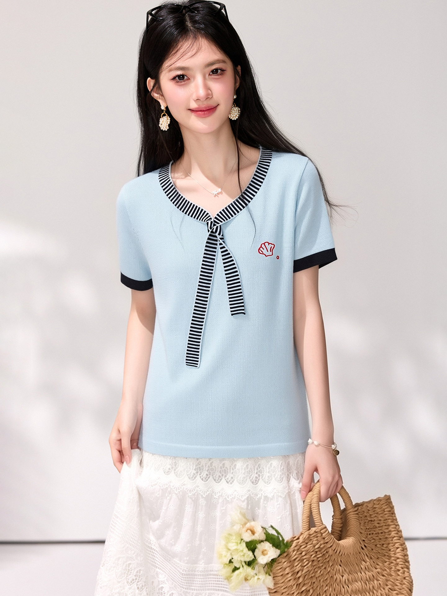 有◆2026法式拼色綁帶圓領短袖t恤女夏季設計感刺繡減齡半袖上衣