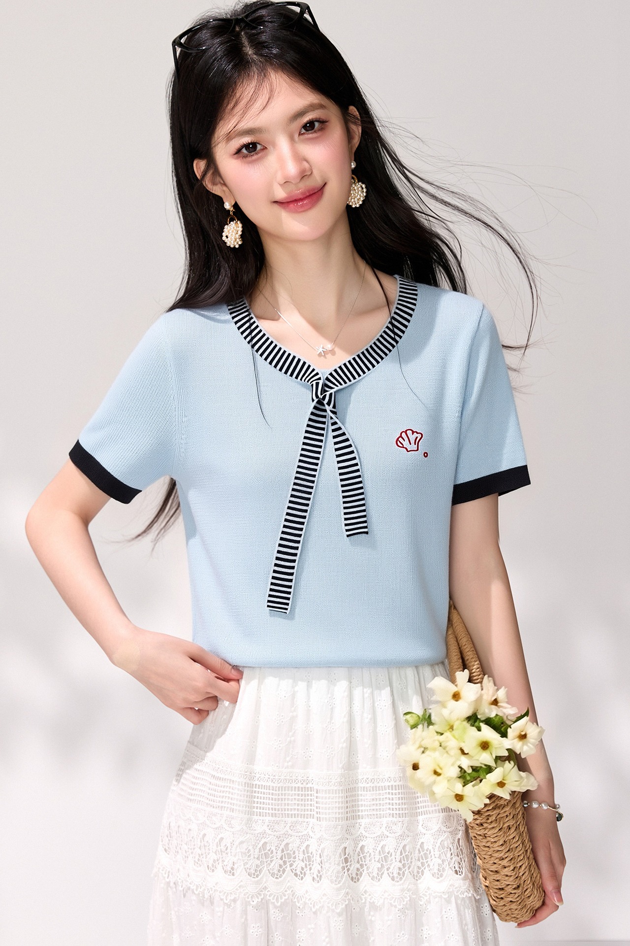 有◆2026法式拼色綁帶圓領短袖t恤女夏季設計感刺繡減齡半袖上衣