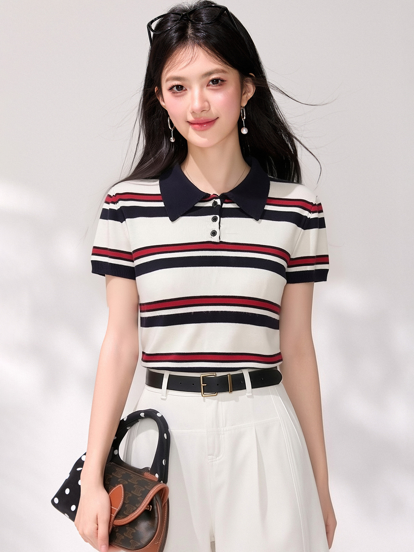 有◆2026學院風撞色條紋POLO衫針織短袖T恤女夏修身顯瘦正肩上衣
