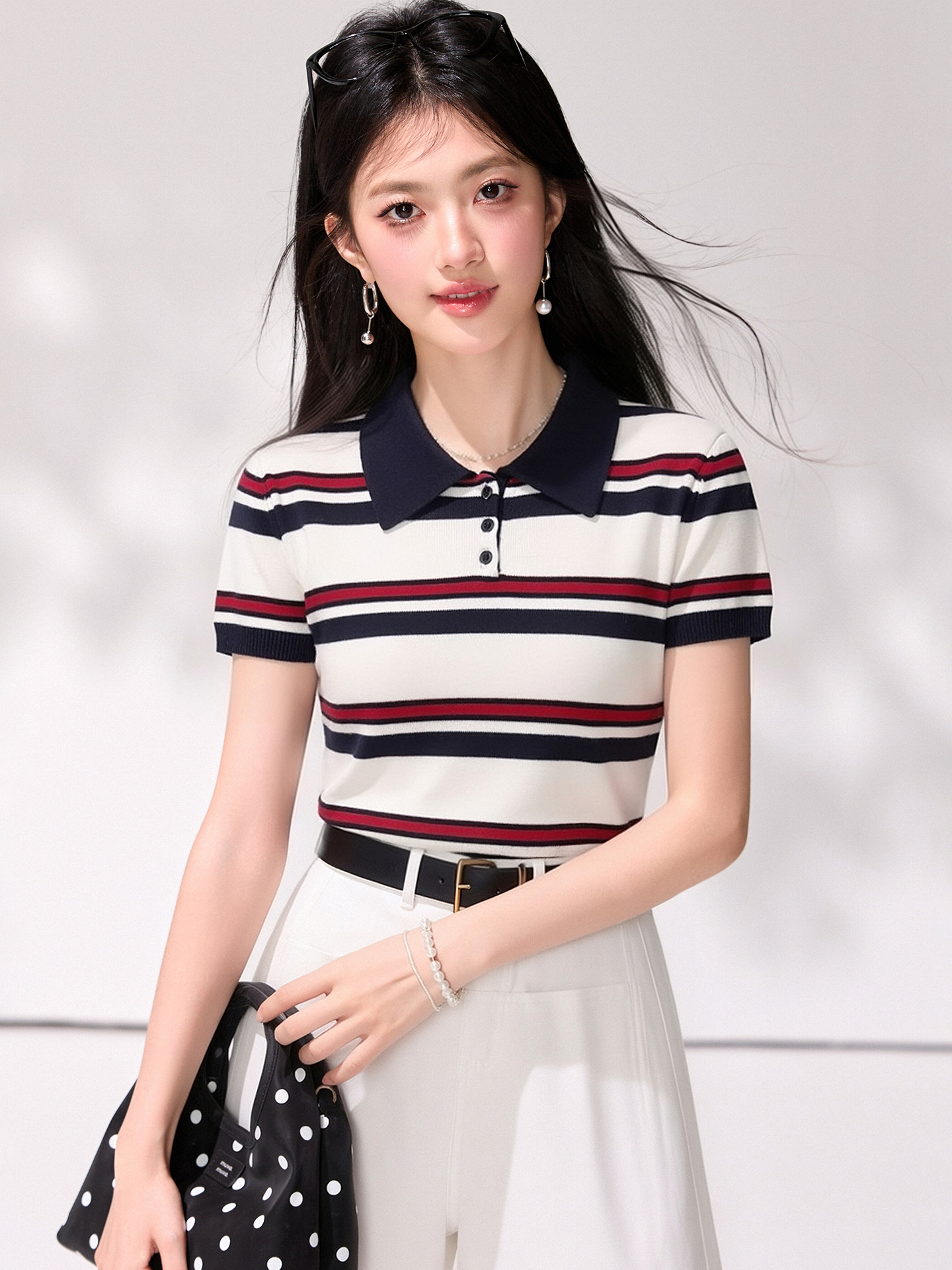 有◆2026學院風撞色條紋POLO衫針織短袖T恤女夏修身顯瘦正肩上衣