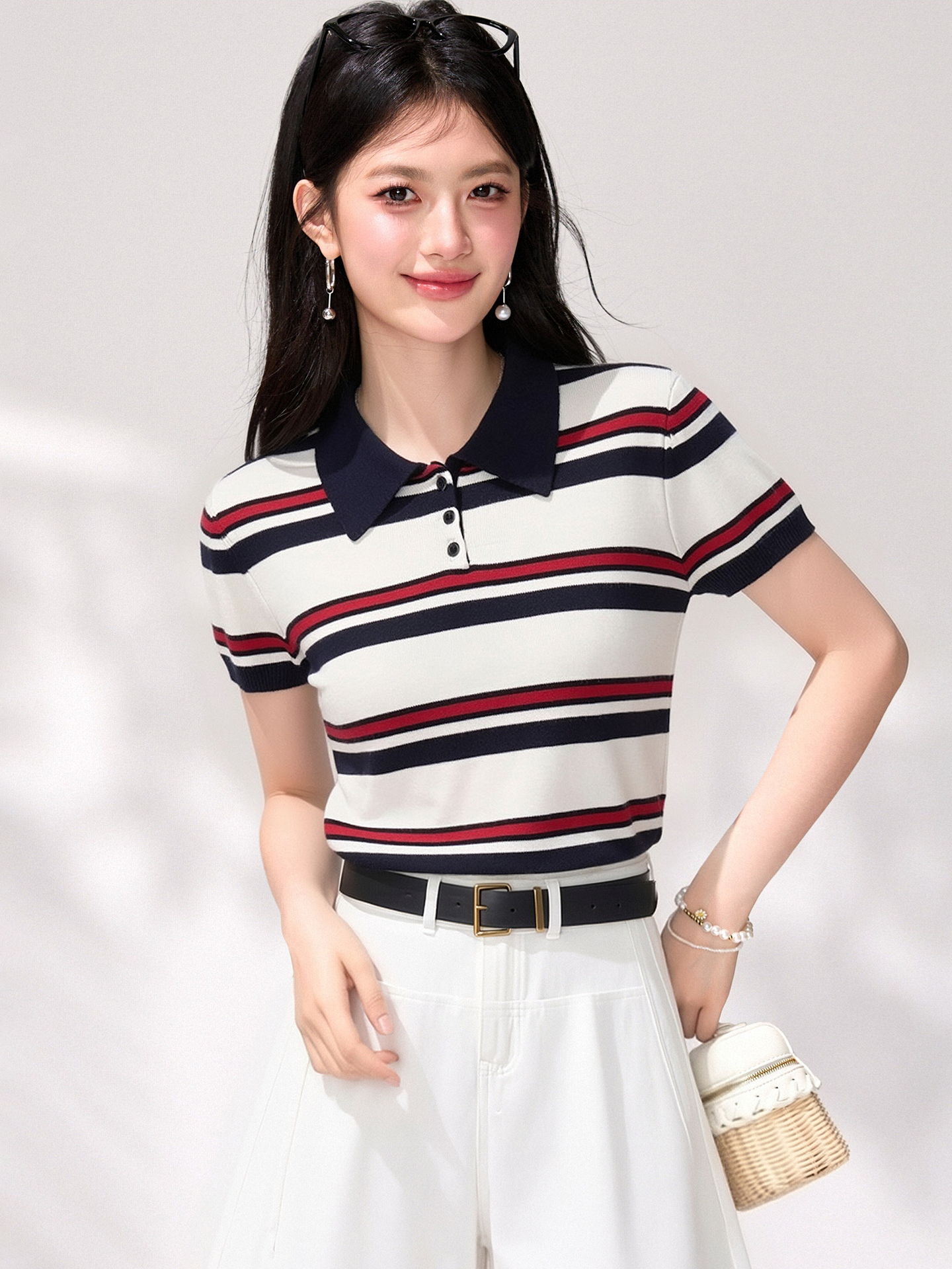 有◆2026學院風撞色條紋POLO衫針織短袖T恤女夏修身顯瘦正肩上衣