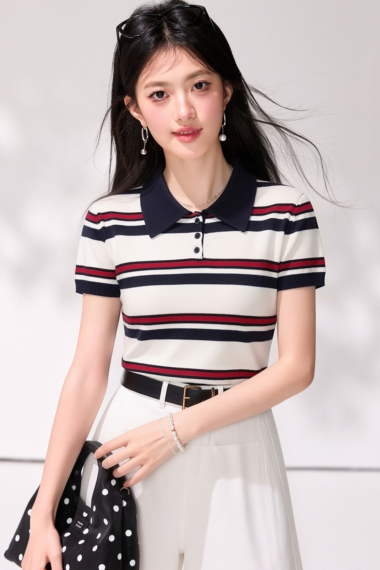 有◆2026學院風撞色條紋POLO衫針織短袖T恤女夏修身顯瘦正肩上衣