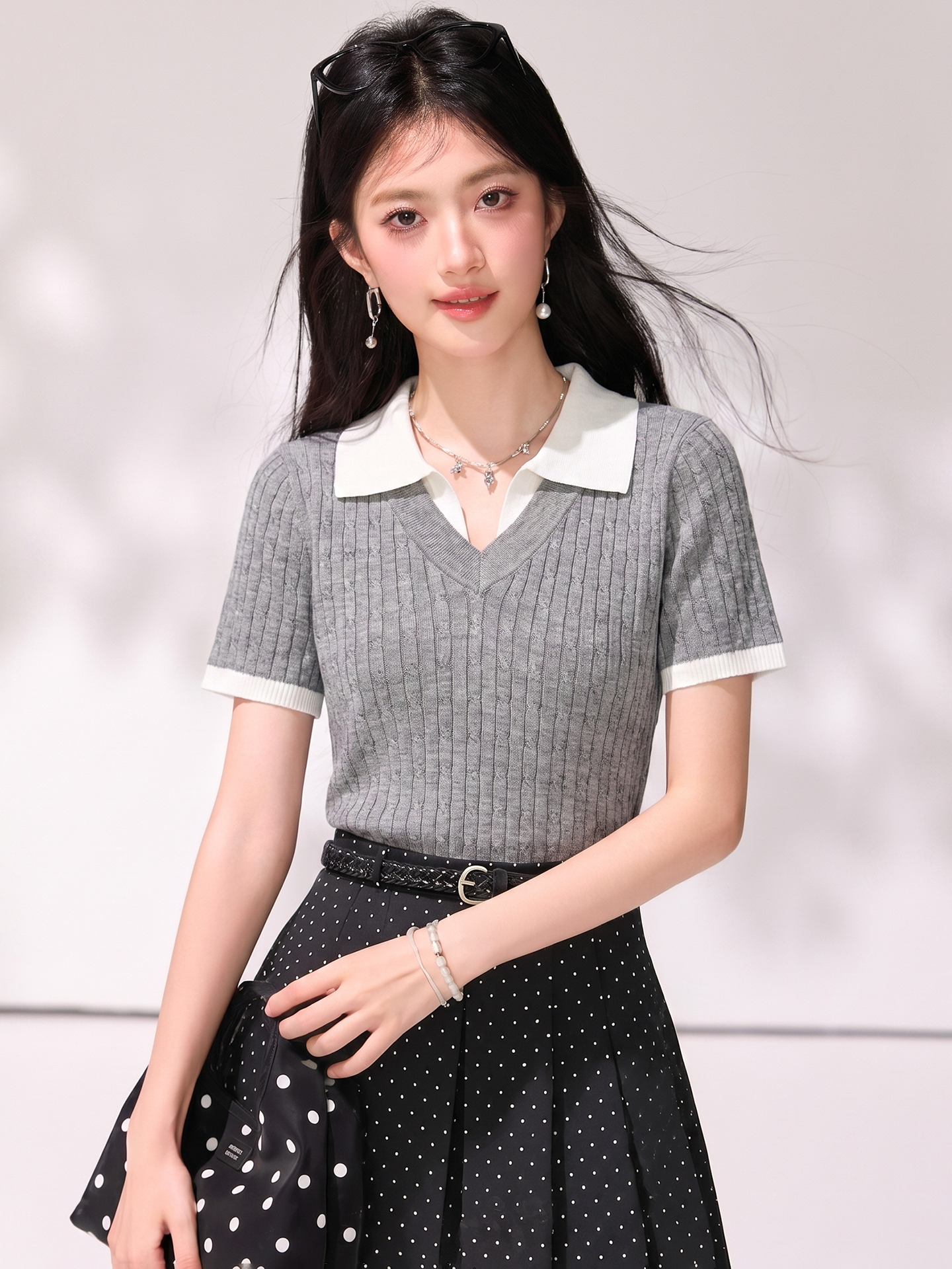 有◆2026復古麻花Polo領假兩件短袖針織衫女夏撞色修身百搭上衣