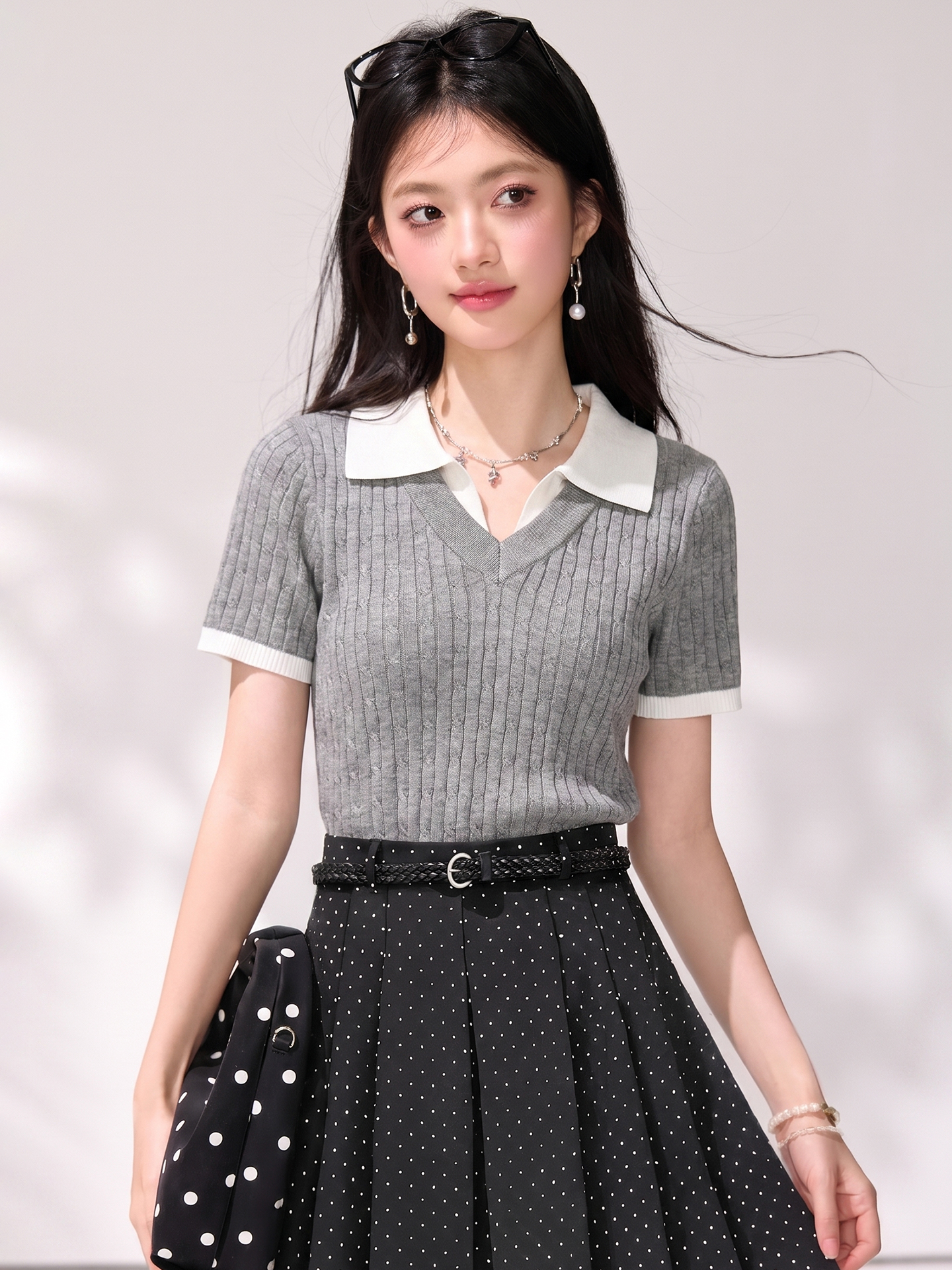 有◆2026復古麻花Polo領假兩件短袖針織衫女夏撞色修身百搭上衣