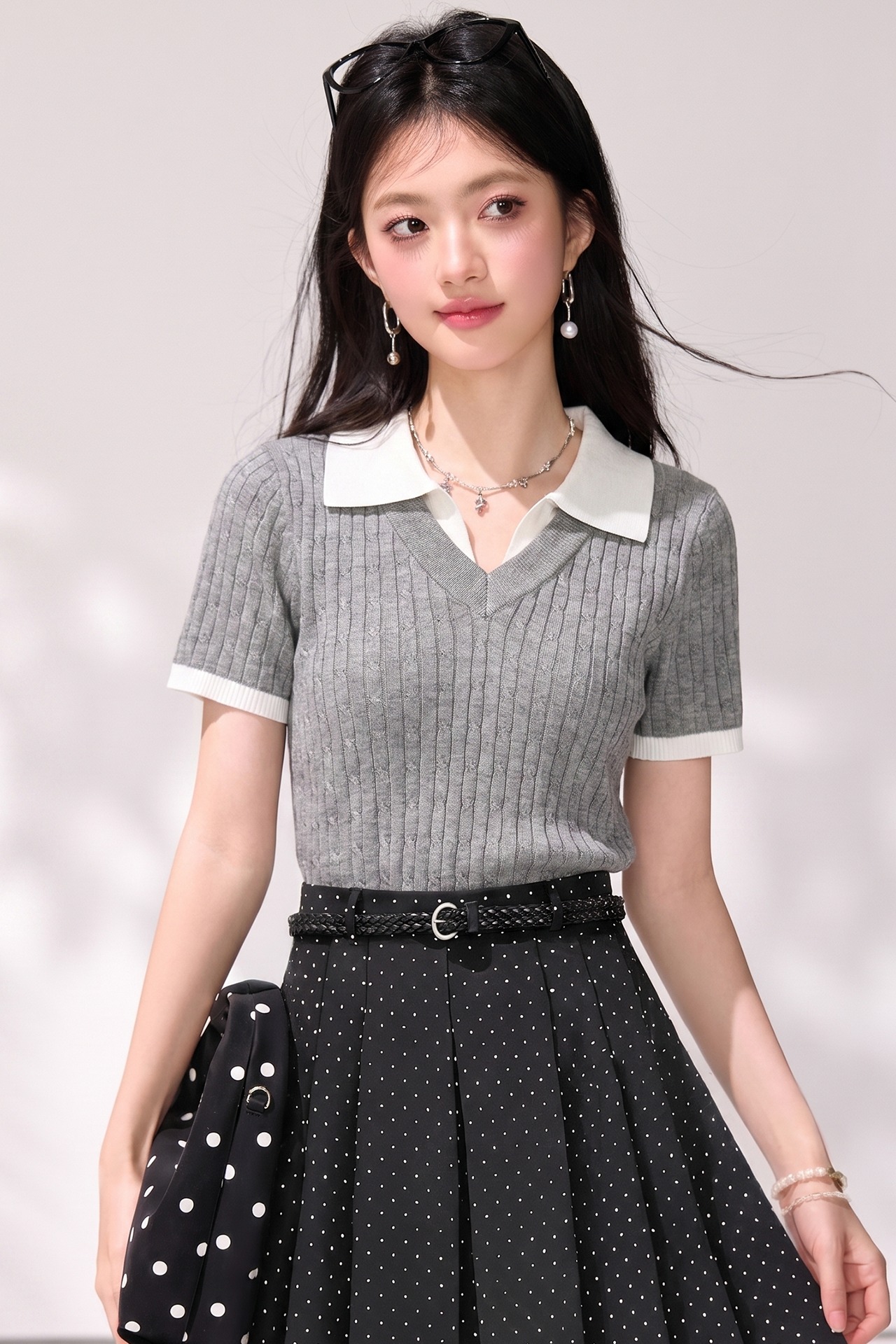 有◆2026復古麻花Polo領假兩件短袖針織衫女夏撞色修身百搭上衣