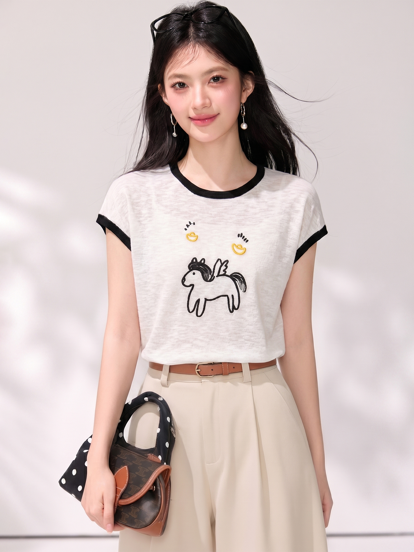 有◆2026夏季新款韓系顯瘦圓領刺繡小馬針織短袖衫女百搭上衣
