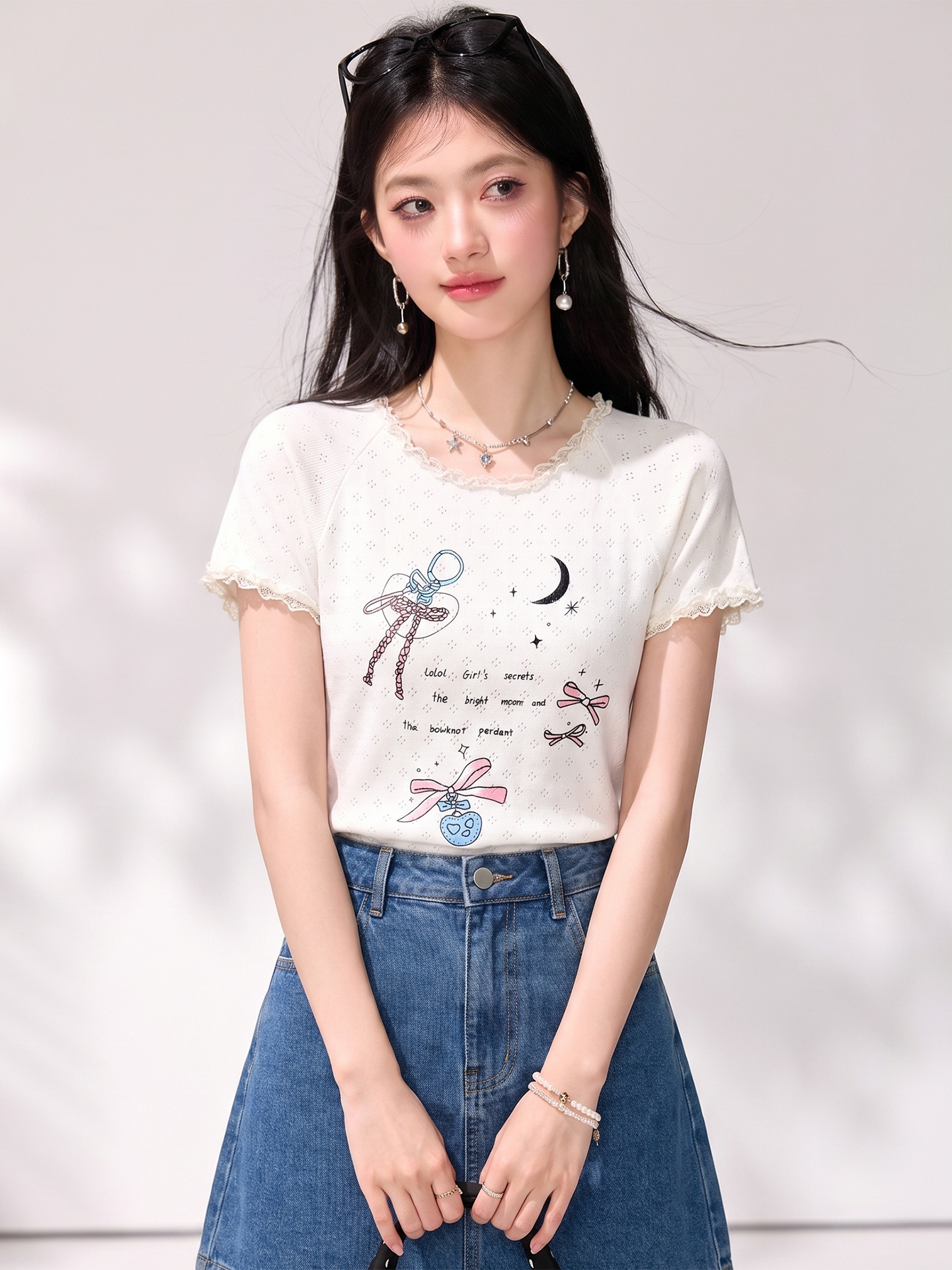 有◆2026木耳邊蕾絲拼接夏季短袖T恤女卡通印花別致減齡上衣